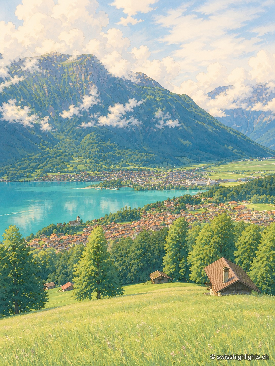 Depuis une prairie en pente, un chalet et la forêt précèdent la ville d'Interlaken, le lac turquoise et des montagnes enveloppées de nuages.