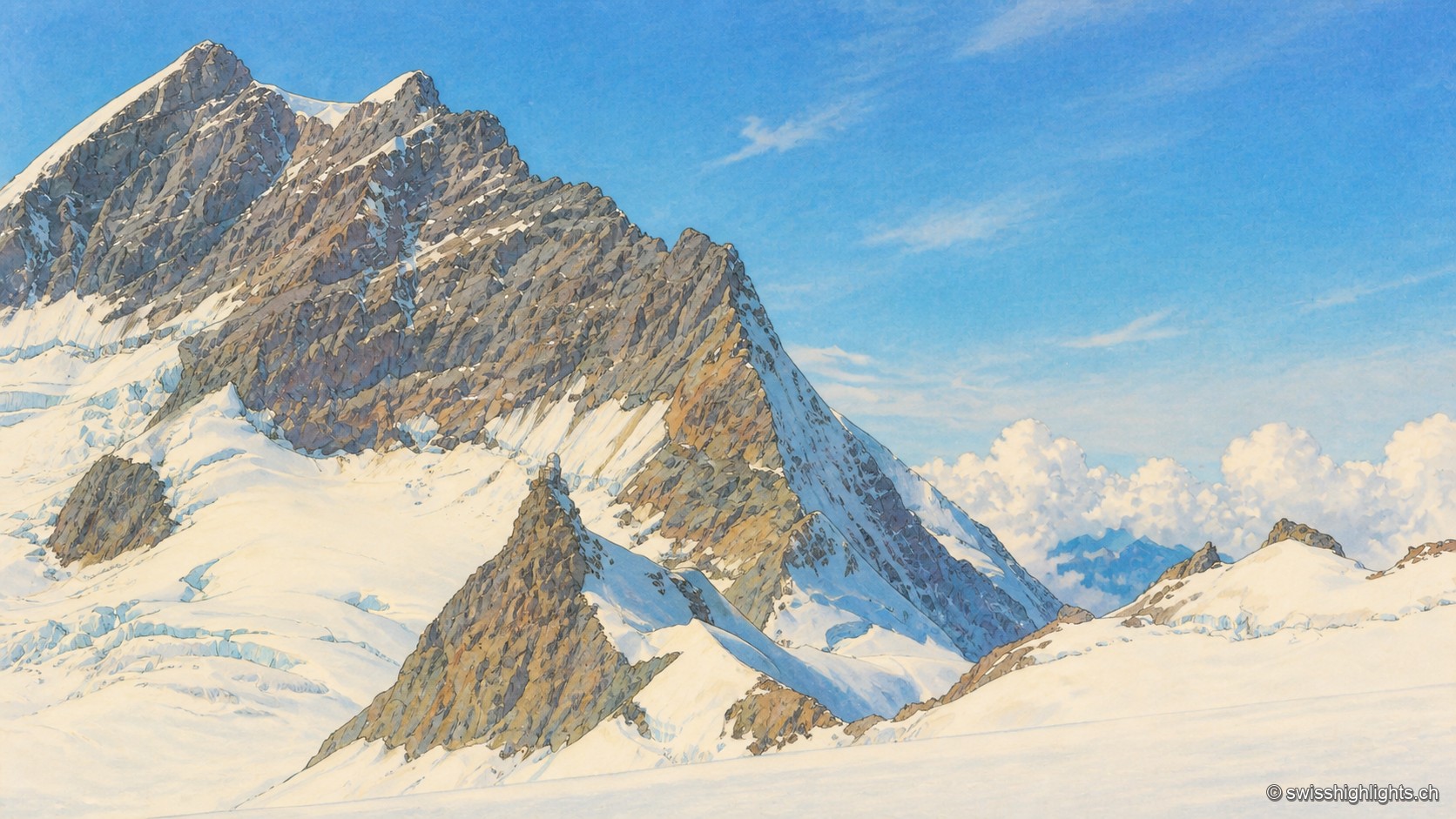 La silhouette découpée du Jungfrau se dresse au-dessus des champs de neige et des sommets lointains, dans des à-plats pastel qui soulignent le relief.