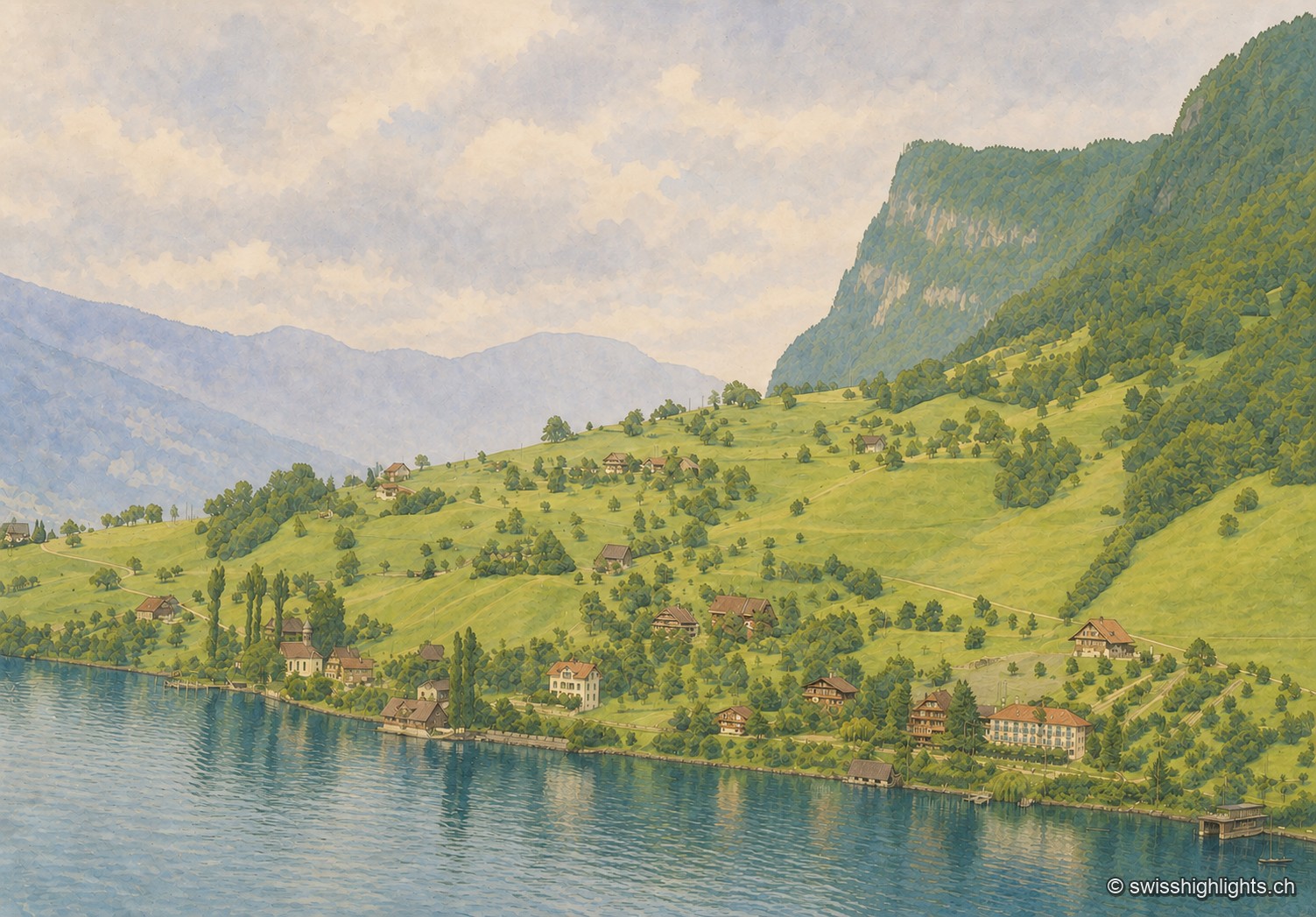 Vue panoramique historique colorisée du bord du lac à Kehrsiten : le village, des vergers en pente, une falaise boisée et le lac s'organisent dans une lumière douce et pastel, fidèle à la photographie ancienne d'origine.
