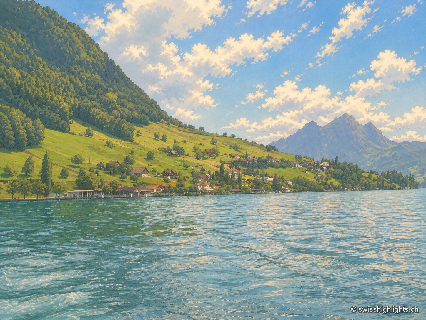 Vue basse depuis le lac des Quatre-Cantons sur Kehrsiten : l'eau clapote au premier plan, face à un mince ruban de maisons entre un pré lumineux et un versant boisé, sous une crête montagneuse découpée.