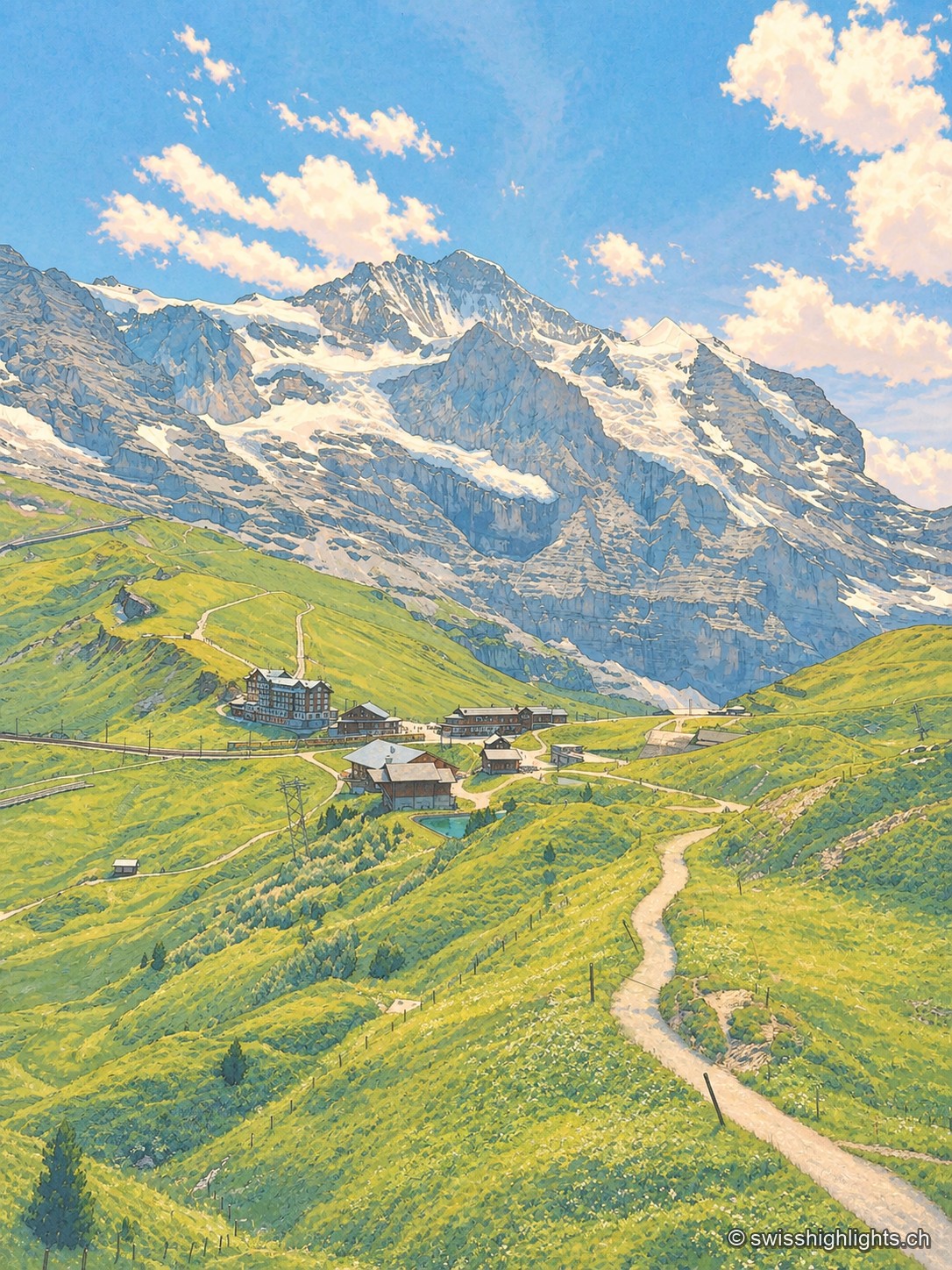 Vue en format portrait depuis un sentier de la Petite Scheidegg : un chemin descend entre des pentes vertes vers des bâtiments de montagne et la voie ferrée, face à l'imposante paroi nord de l'Eiger qui domine l'horizon.
