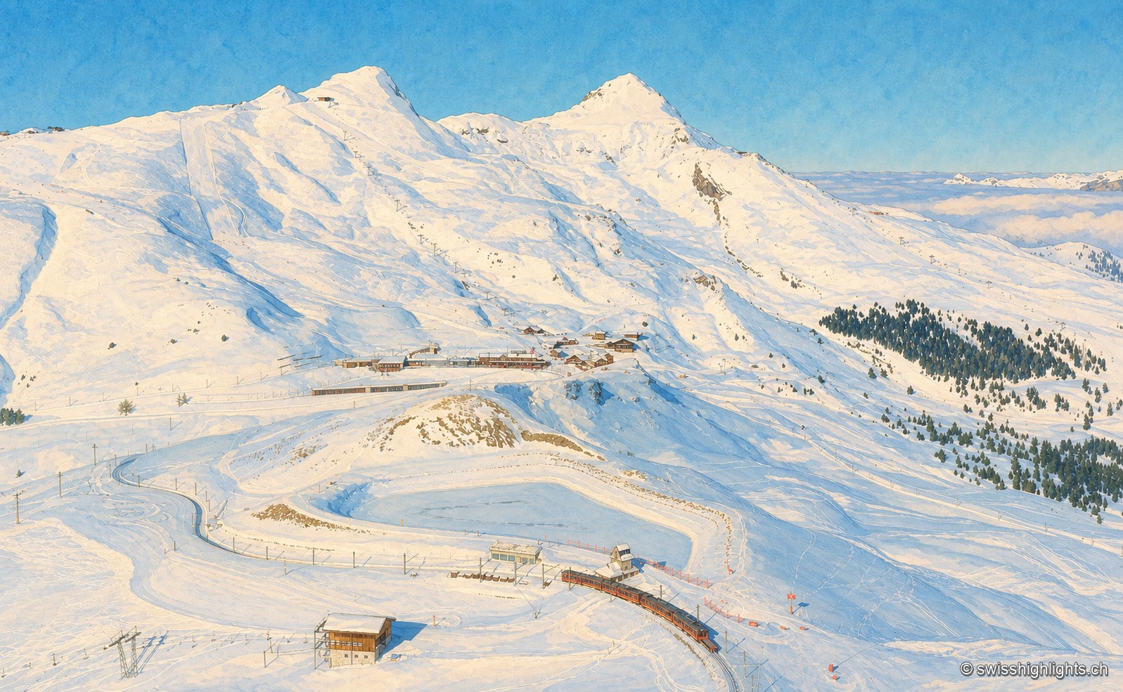 Panorama hivernal de la Petite Scheidegg : un train de montagne rouge circule sur sa voie au milieu d'un manteau neigeux strié de traces de ski, entouré de quelques bâtiments de la gare d'altitude.