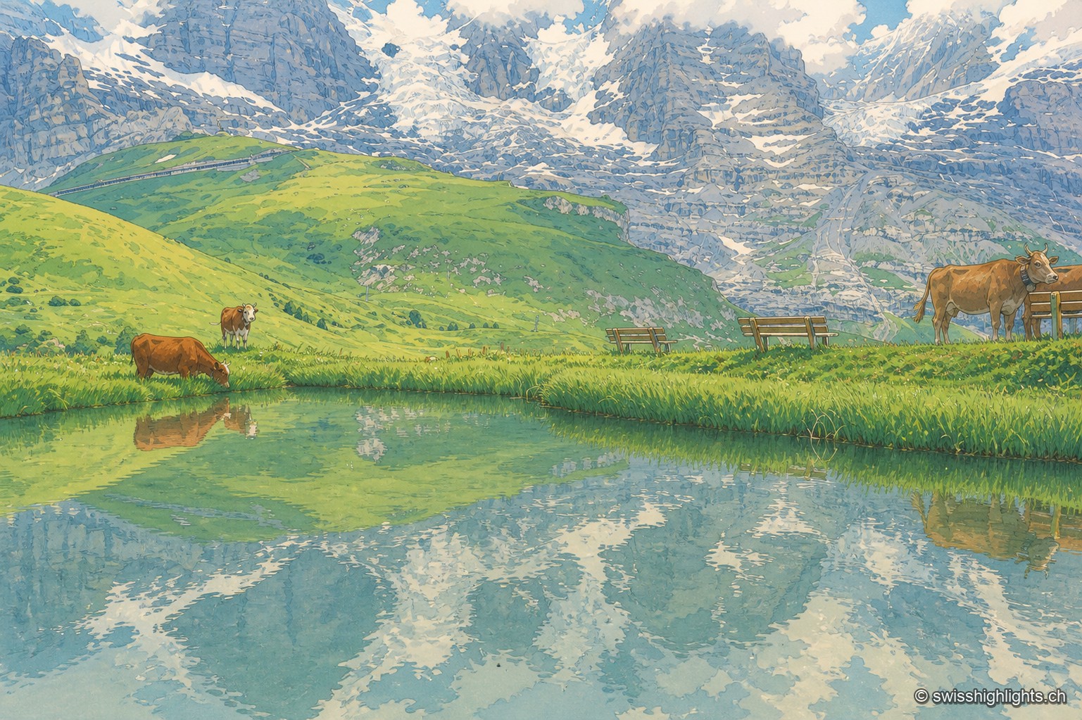 Un petit étang alpin reflète une paroi de roc et de neige, bordé d'un pâturage vert clôturé où paissent des vaches, dans le calme des alpages au-dessus de la Petite Scheidegg.