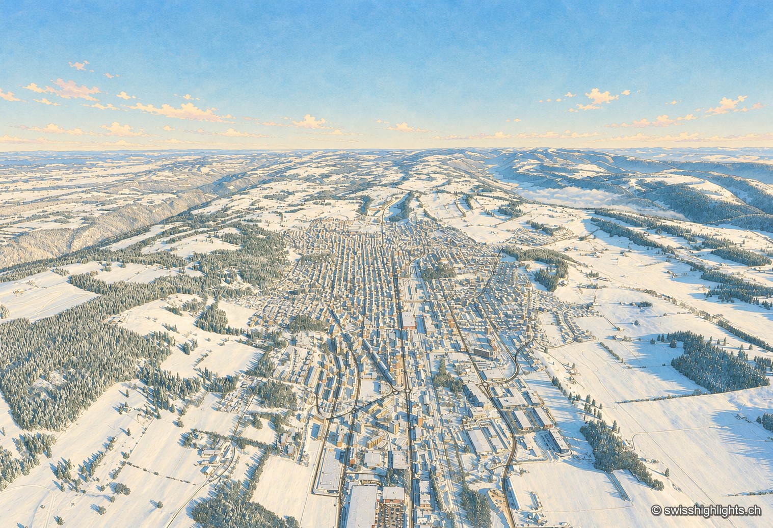 Vue aérienne hivernale de La Chaux-de-Fonds : sous un ciel bleu profond, la ville étire ses longues rues parallèles au fond d'une vallée entièrement enneigée, les toits blancs formant une trame régulière entre les pâturages et les forêts de sapins du Jura, l'horizon fermé au loin par une mer de brouillard.