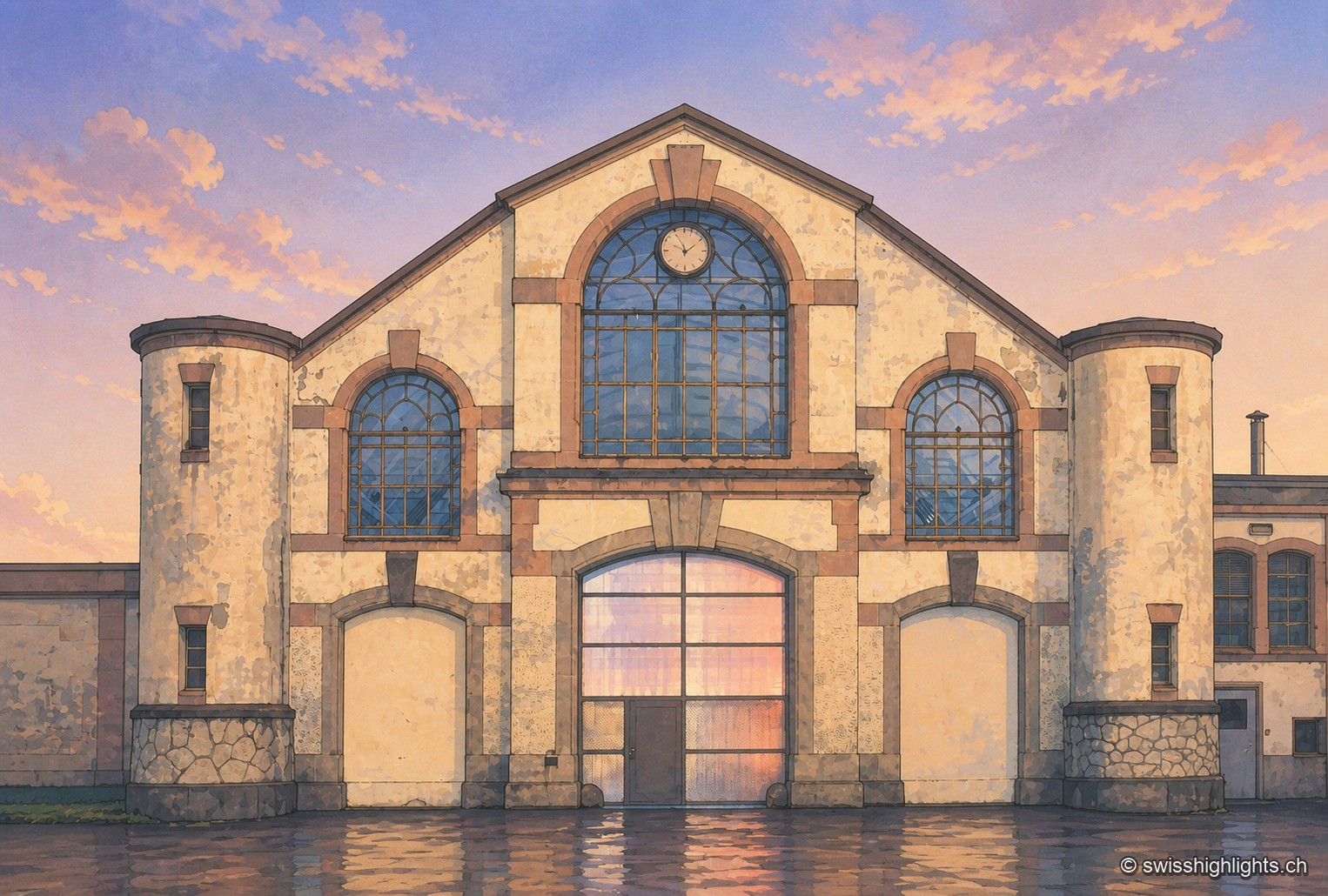 Façade industrielle symétrique d'un ancien bâtiment horloger de La Chaux-de-Fonds : fenêtres cintrées et maçonnerie patinée s'alignent au-dessus d'une place mouillée, sous la lumière du soir.