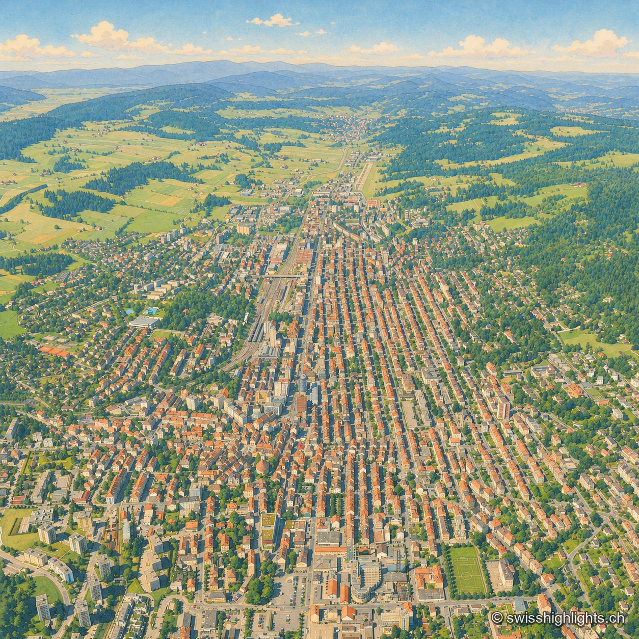 Vue aérienne estivale, presque carrée, de La Chaux-de-Fonds : la trame urbaine en rues parallèles et pâtés de maisons denses se détache au milieu des pâturages et forêts verdoyants du Jura.