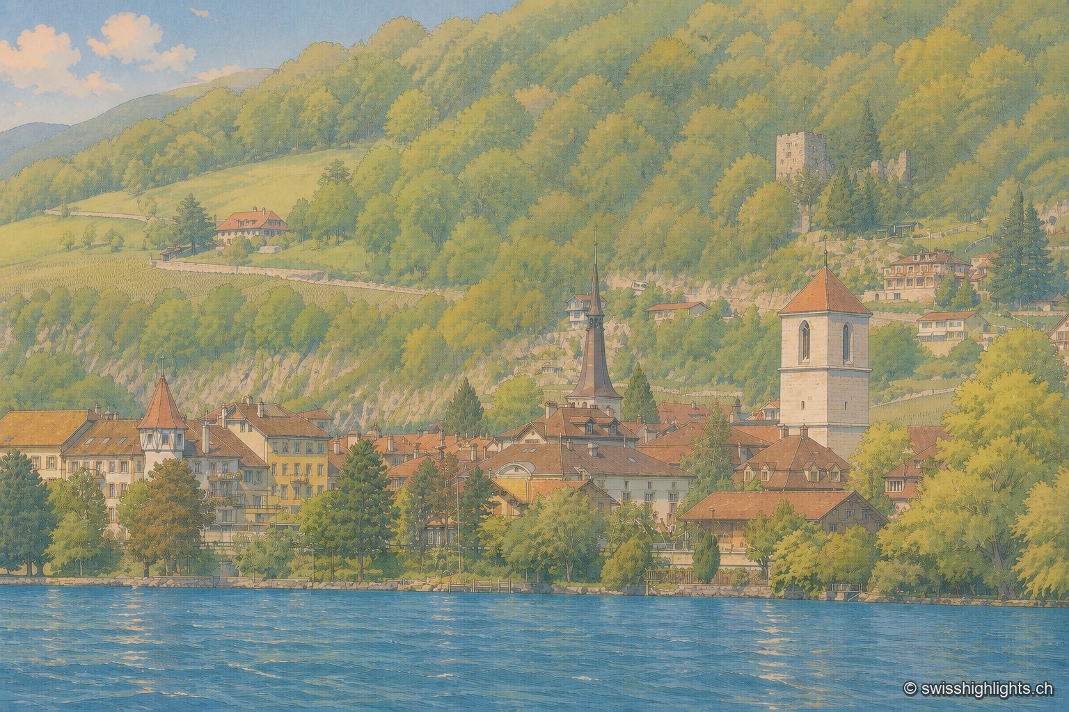 Vue depuis le bord du lac de Bienne sur La Neuveville : une tour carrée claire et un clocher d'église se détachent devant des vignes en terrasses et un versant boisé.