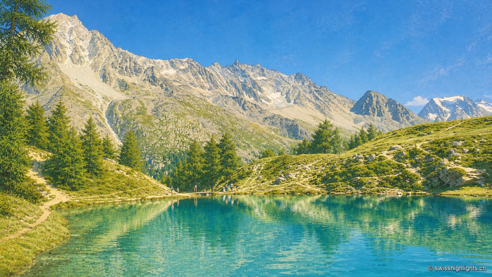 Un lac de montagne aux eaux turquoise et transparentes, immobile, qui reflète une paroi rocheuse déchiquetée couverte de névés sous un ciel bleu clair. Sur la rive proche, quelques mélèzes et un sentier de terre longent l'eau ; de petites silhouettes de randonneurs se tiennent au bord, donnant l'échelle du paysage.