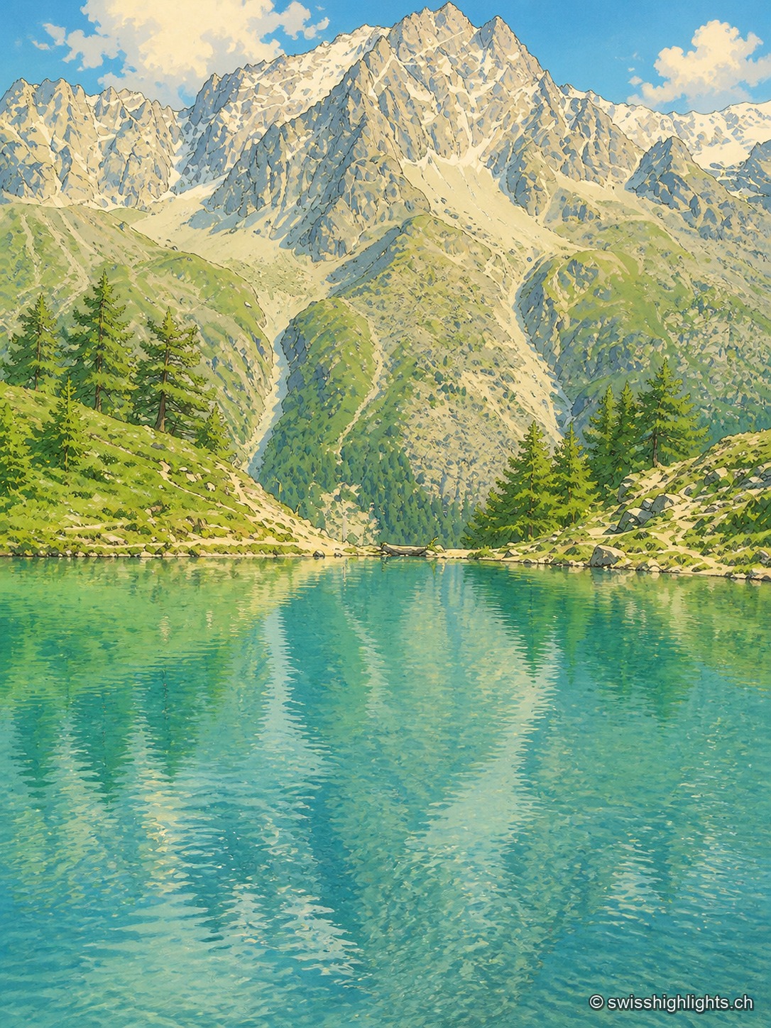 Vue rapprochée du Lac Bleu d'Arolla en format portrait : les eaux turquoise et transparentes reflètent une paroi rocheuse de haute montagne partiellement enneigée, encadrée de mélèzes et de pins sur les rives ; une petite barque est tirée sur la berge au fond, sous un ciel bleu semé de nuages blancs.