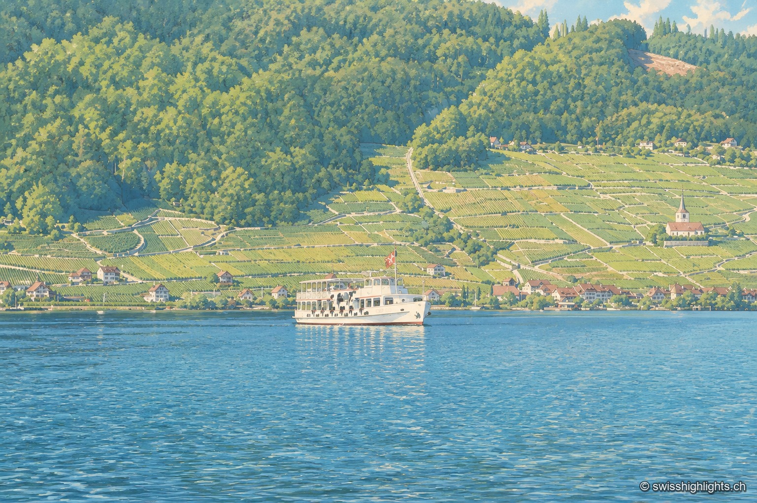 La rive nord du lac de Bienne vue depuis l'eau : un versant entièrement planté de vignes en terrasses, jaunissantes, descend jusqu'aux maisons à toits rouges du bord ; une petite église blanche se détache à droite, la forêt sombre ferme le haut du coteau. Sur le lac vert-bleu, un bateau blanc à deux ponts, pavillon suisse à la poupe, longe la rive ; le premier plan est occupé par l'eau lisse et légèrement ridée.