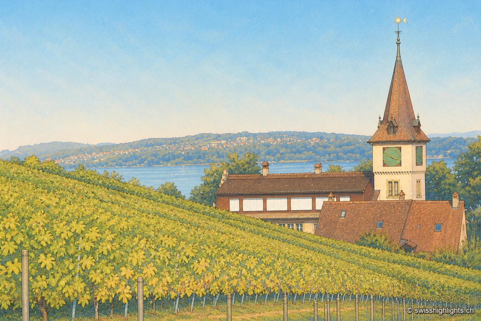 Vue depuis un vignoble en terrasses dominant le lac de Bienne : au premier plan, les rangs de vigne aux feuilles jaunissantes descendent vers un clocher à flèche pointue et une grande bâtisse aux volets blancs surmontée d'une tour d'horloge ; en contrebas, l'eau bleue du lac s'étend jusqu'aux collines boisées de la rive opposée, sous un ciel dégagé strié de nuages.