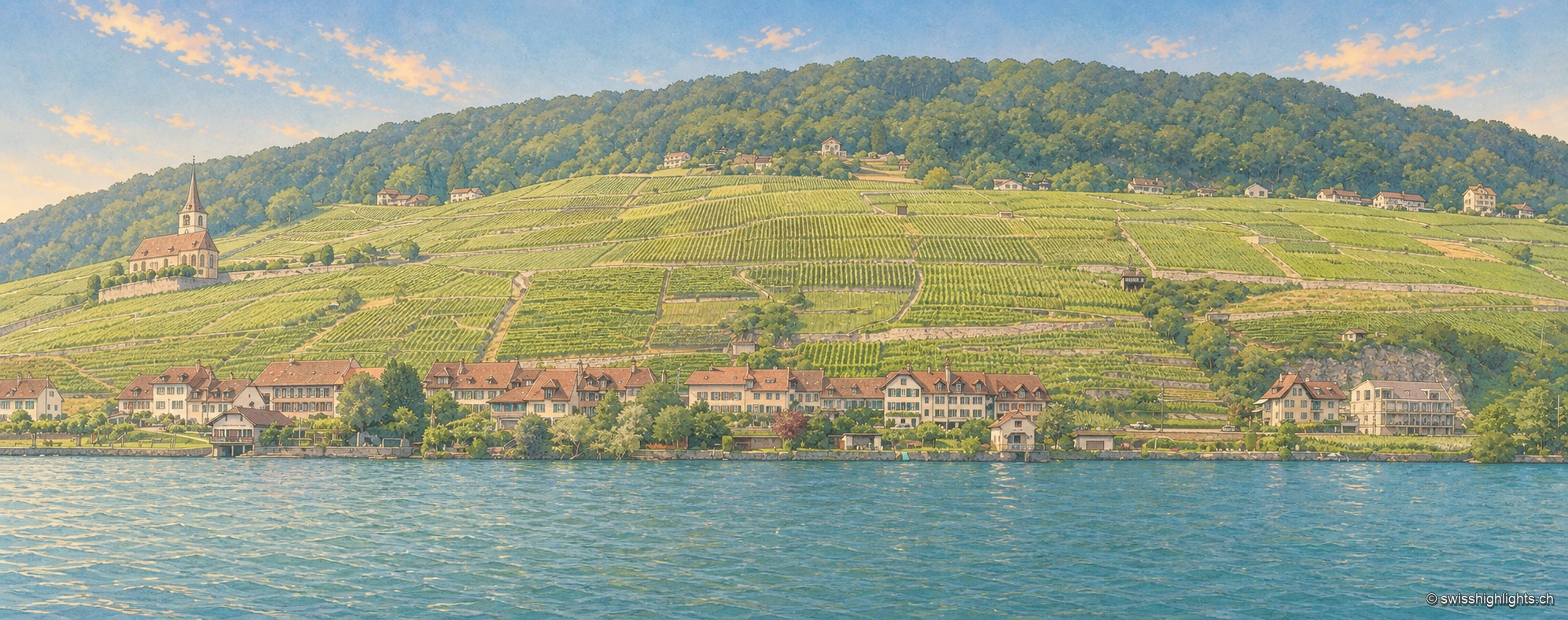 Vue panoramique et très allongée sur un village au bord du lac de Bienne : une rangée de maisons à toits bruns et une église à clocher pointu longent la rive, adossées à un coteau de vignes en terrasses qui grimpe jusqu'à une crête boisée, sous un ciel bleu traversé de fines nuées.