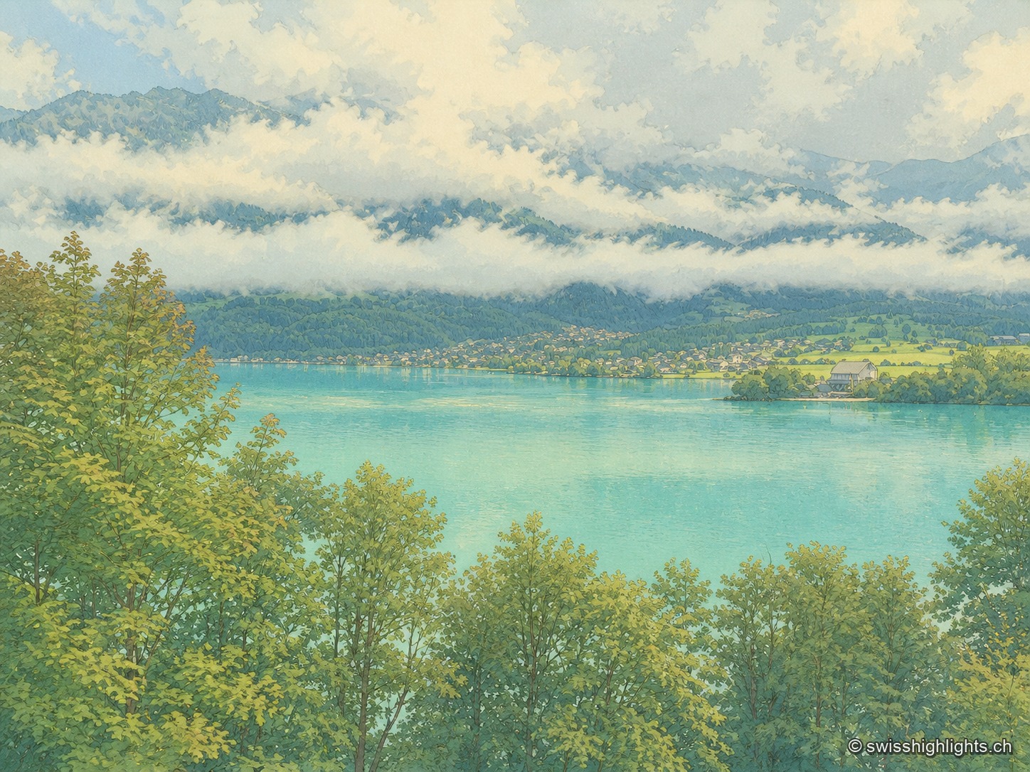 Vue plongeante sur le lac depuis un versant boisé : au premier plan, les cimes d'érables et de frênes encadrent l'eau ; au milieu, une nappe turquoise laiteuse traversée d'un banc d'alluvions clair et du sillage d'un bateau ; sur la rive opposée, un village étiré au bord de l'eau et ses prés vifs ; au-dessus, une longue traîne de nuages blancs posée à mi-pente sur des versants boisés sombres, sous un ciel couvert.