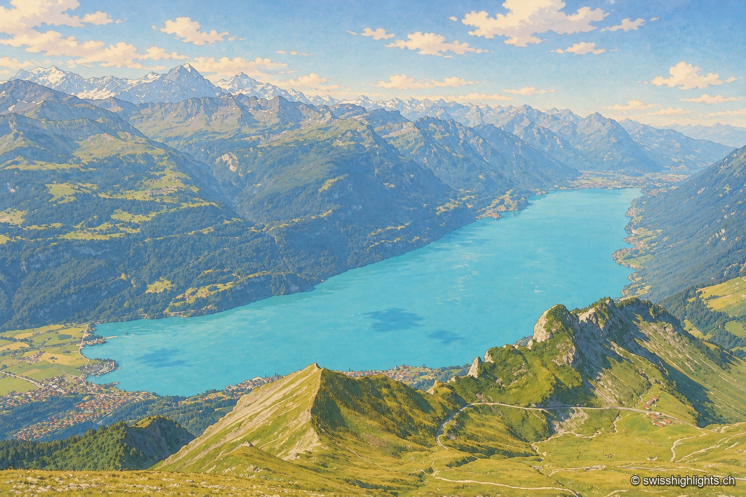 Vue aérienne depuis le Brienzer Rothorn sur le lac de Brienz : la nappe turquoise du lac serpente entre de hauts sommets alpins encore enneigés en toile de fond et des crêtes boisées au premier plan, sous un ciel dégagé semé de nuages blancs.