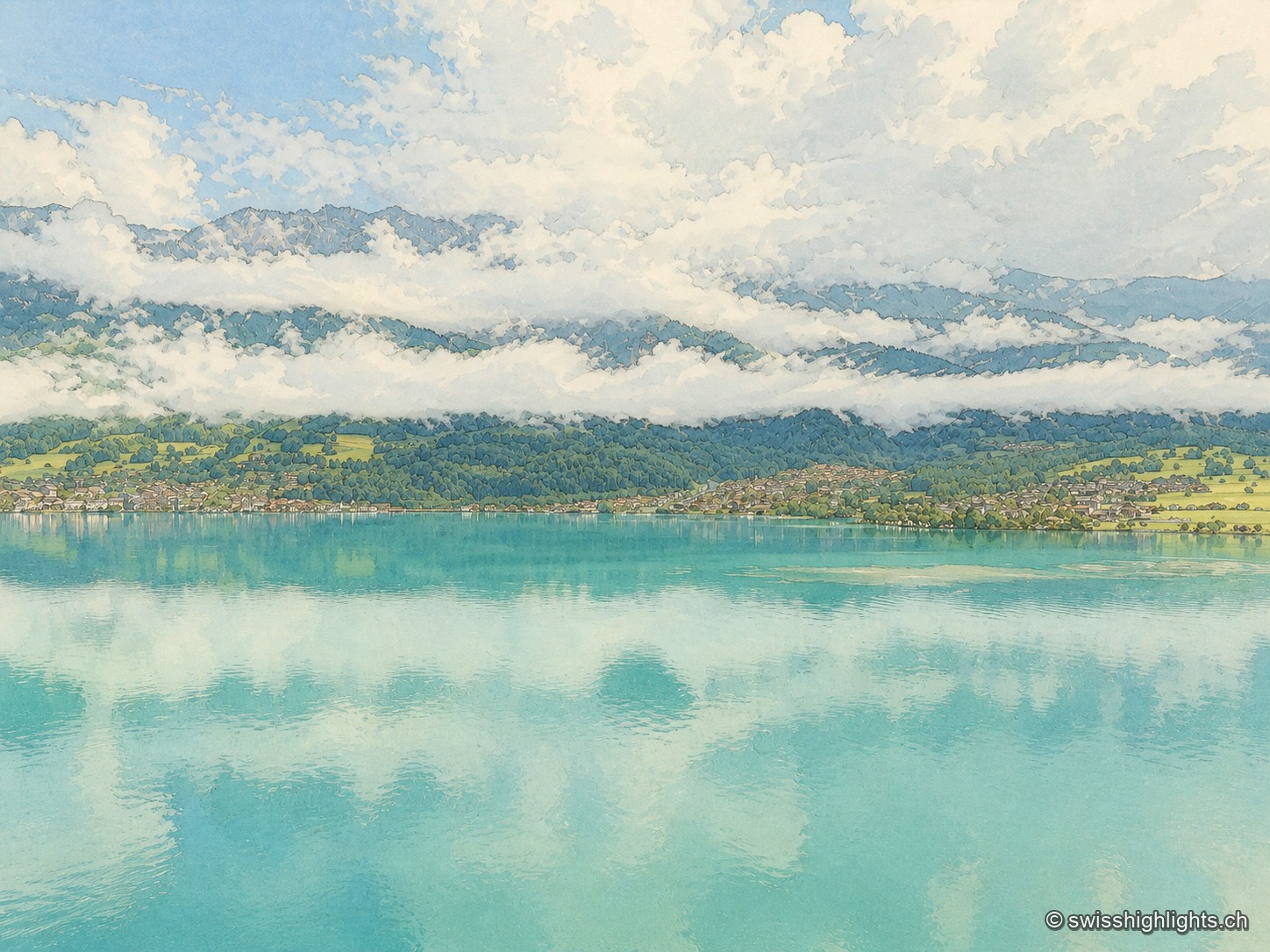 Vue sur le lac de Brienz par lumière diffuse : l'eau turquoise pâle, striée de reflets de nuages, s'étend entre deux rives où de petits villages se blottissent au pied de coteaux boisés, sous un ciel entièrement couvert de nuages blancs et gris.