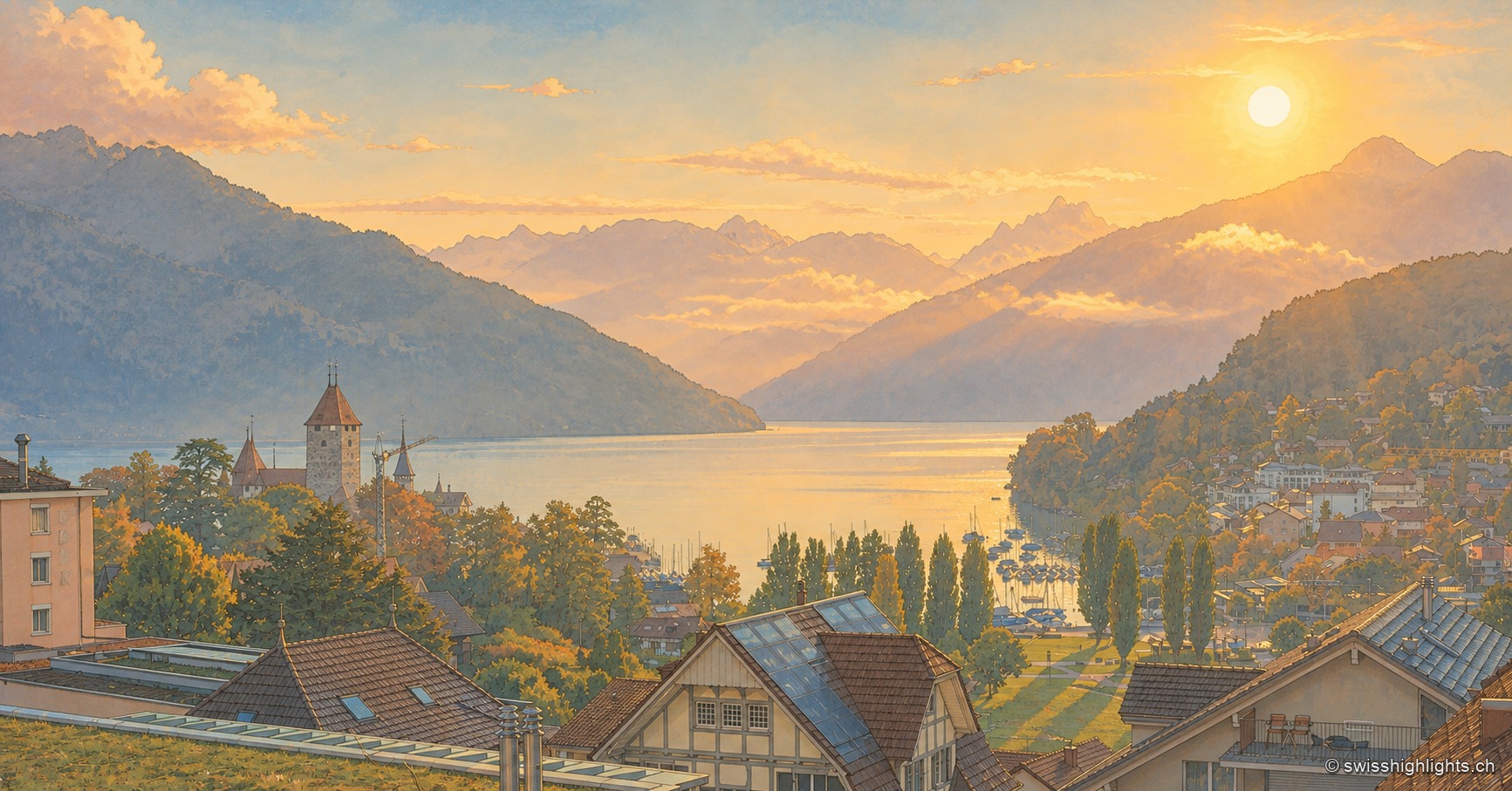 Vue depuis les hauteurs de Spiez au petit matin : le soleil levant embrase le ciel et les nuages de teintes orangées au-dessus des montagnes, tandis que la tour du château et le clocher de l'église se détachent parmi les arbres, dominant le port de plaisance et les toits du village qui s'étirent au bord du lac de Thoune.