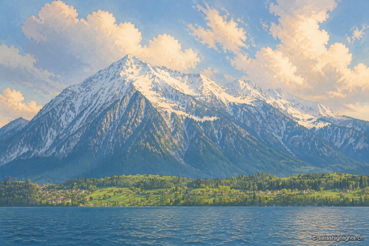 Vue sur le lac de Thoune depuis Gunten : la pyramide enneigée du Niesen domine un cordon de nuages, avec un village au bord de l'eau et des rives verdoyantes au premier plan, sous un ciel où le soleil perce à travers de gros nuages blancs.