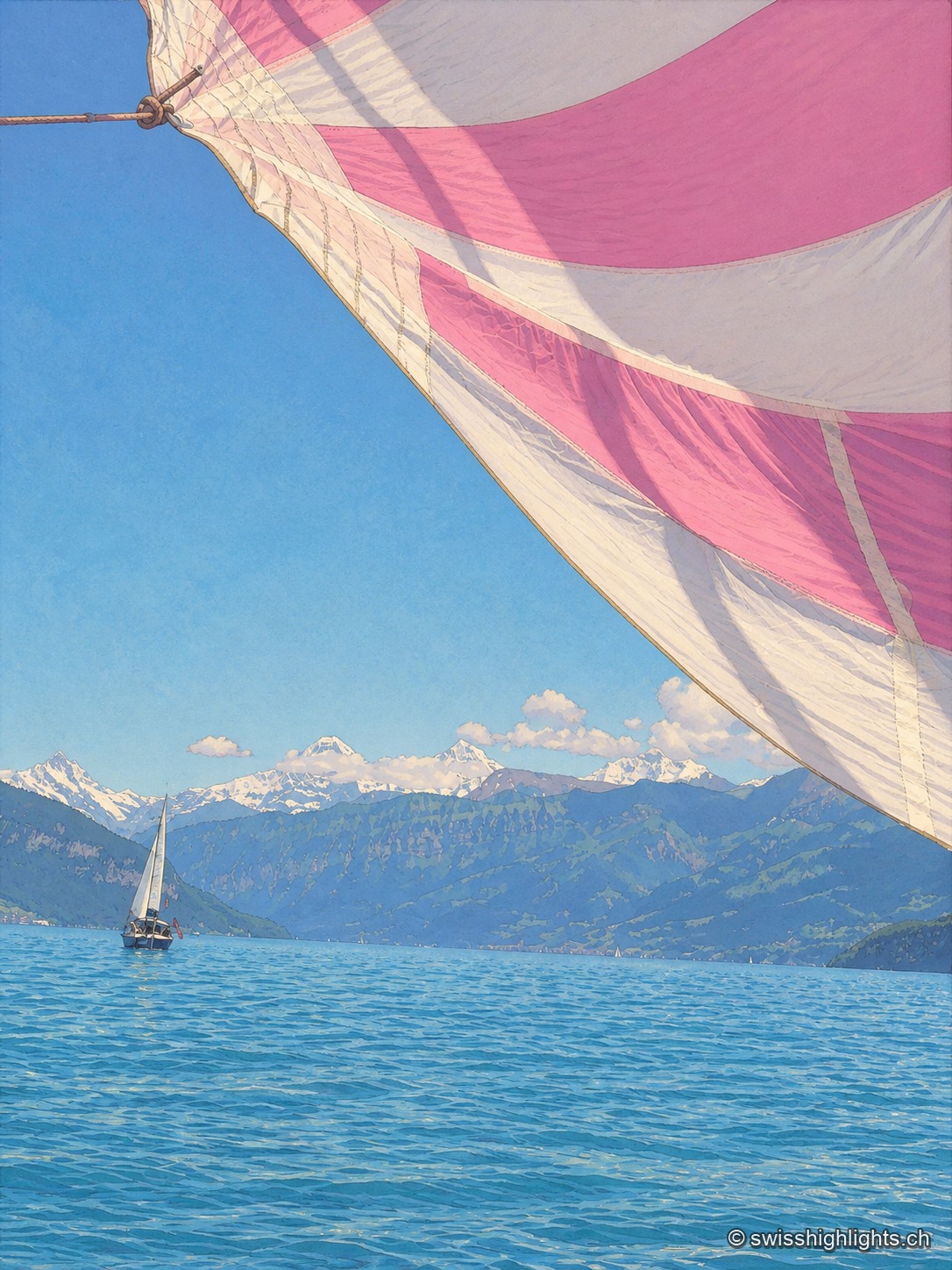Sous une voile de spi rose et blanc qui occupe tout le haut du cadre, un voilier aux voiles blanches glisse sur les eaux turquoise du lac de Thoune ; à l'horizon, les sommets enneigés des Alpes bernoises se détachent sous un ciel bleu presque sans nuages.
