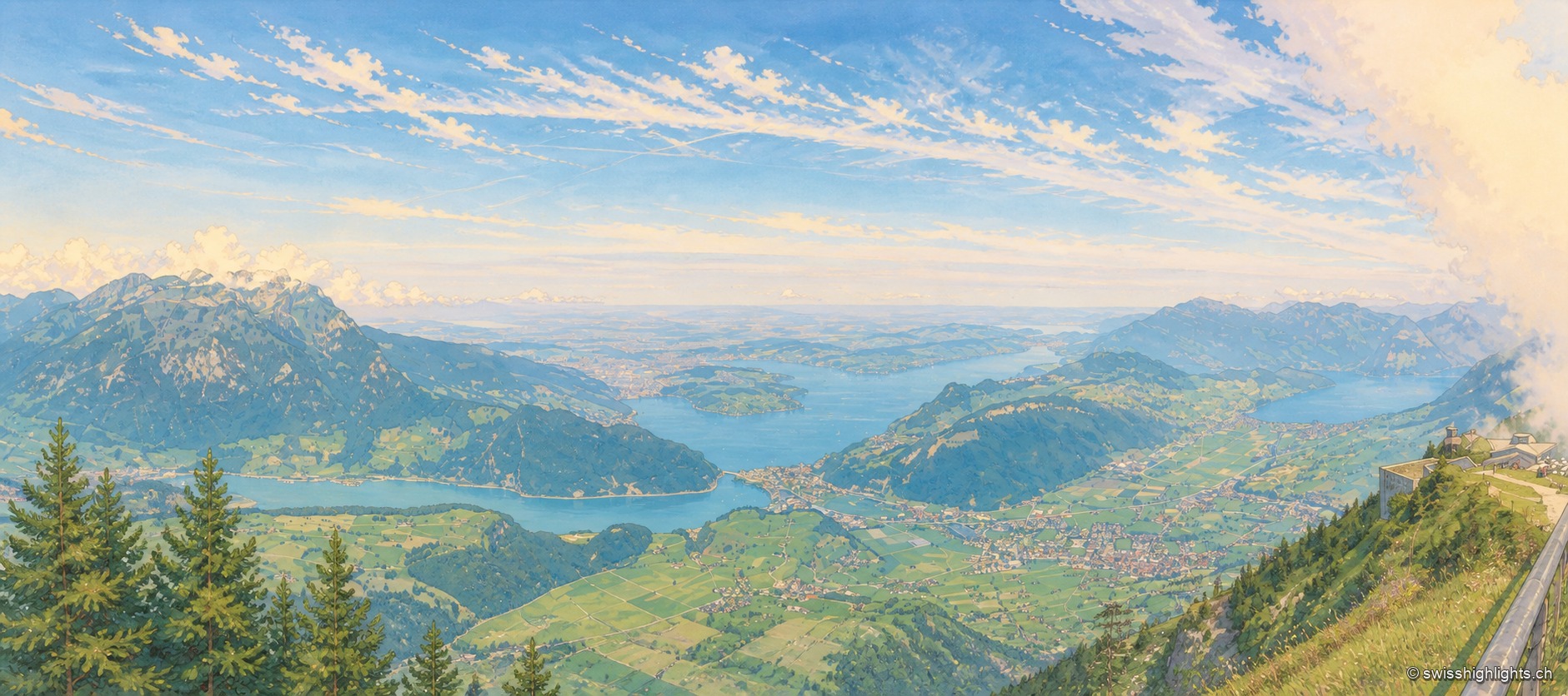 Vue panoramique depuis le Stanserhorn sur le lac des Quatre-Cantons : la nappe d'eau bleue se ramifie entre de multiples presqu'îles et vallées verdoyantes, encadrée de chaînes de montagnes qui s'estompent dans la brume, sous un vaste ciel strié de nuages effilés.