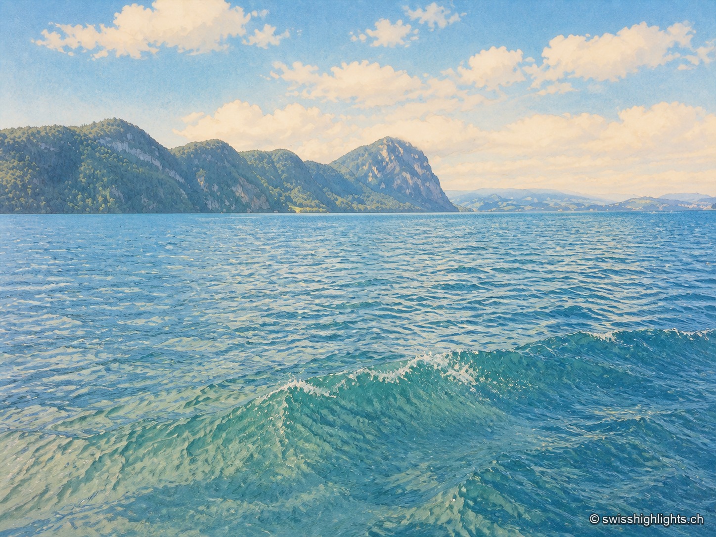 Vue au ras de l'eau sur le lac des Quatre-Cantons : une vague turquoise occupe le premier plan, avec en arrière-plan des chaînes de montagnes boisées superposées sous un ciel bleu parsemé de nuages blancs.