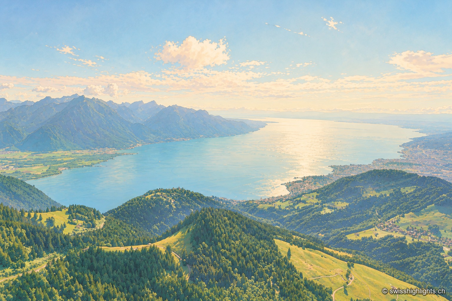 Vue plongeante sur le haut-lac depuis les hauteurs de la rive nord : au premier plan des croupes boisées et des prés d'alpage descendent vers le rivage, la nappe du Léman s'étire vers l'horizon en s'éclaircissant sous le contre-jour, et la chaîne des Préalpes ferme la rive opposée dans une brume bleue, sous un ciel d'été chargé de cumulus.