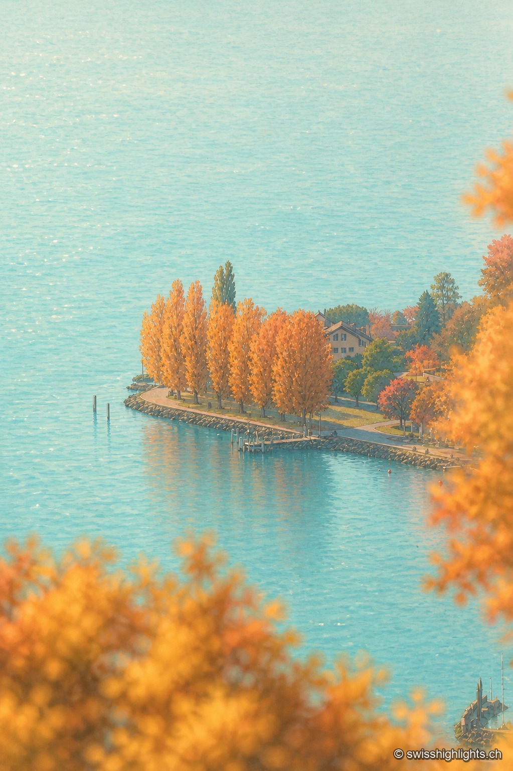 Vue plongeante en automne sur une pointe boisée du Léman : une rangée de peupliers aux feuilles dorées borde une jetée avançant dans l'eau turquoise, entourée de feuillages orangés flous au premier plan qui encadrent la composition.