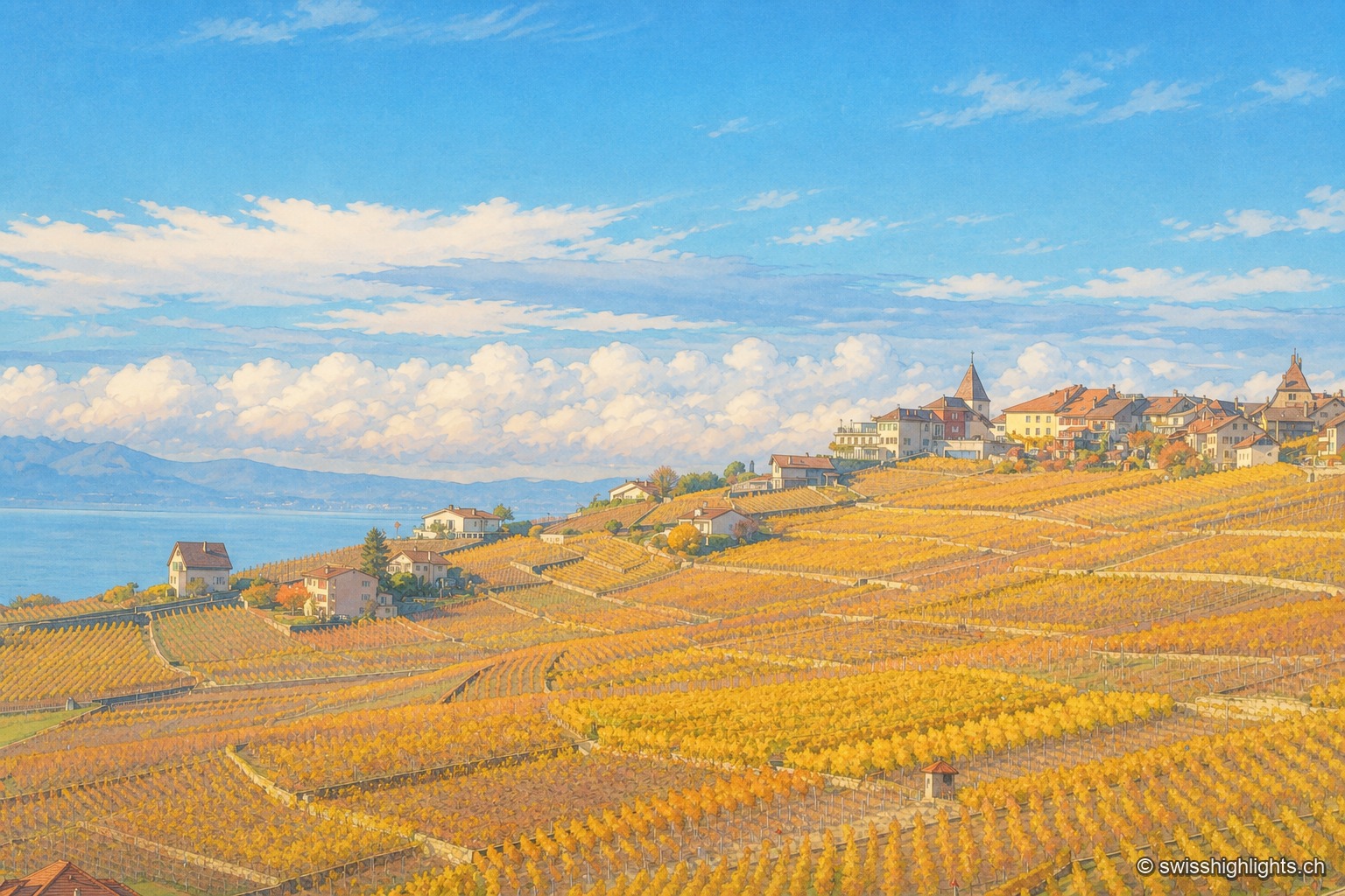 Vue plongeante sur des rangs de vigne en terrasses dorés par l'automne, qui descendent vers le Léman ; un hameau aux toits rouges se blottit sur la rive et le lac s'étire vers l'horizon sous un ciel bleu à nuages épars.