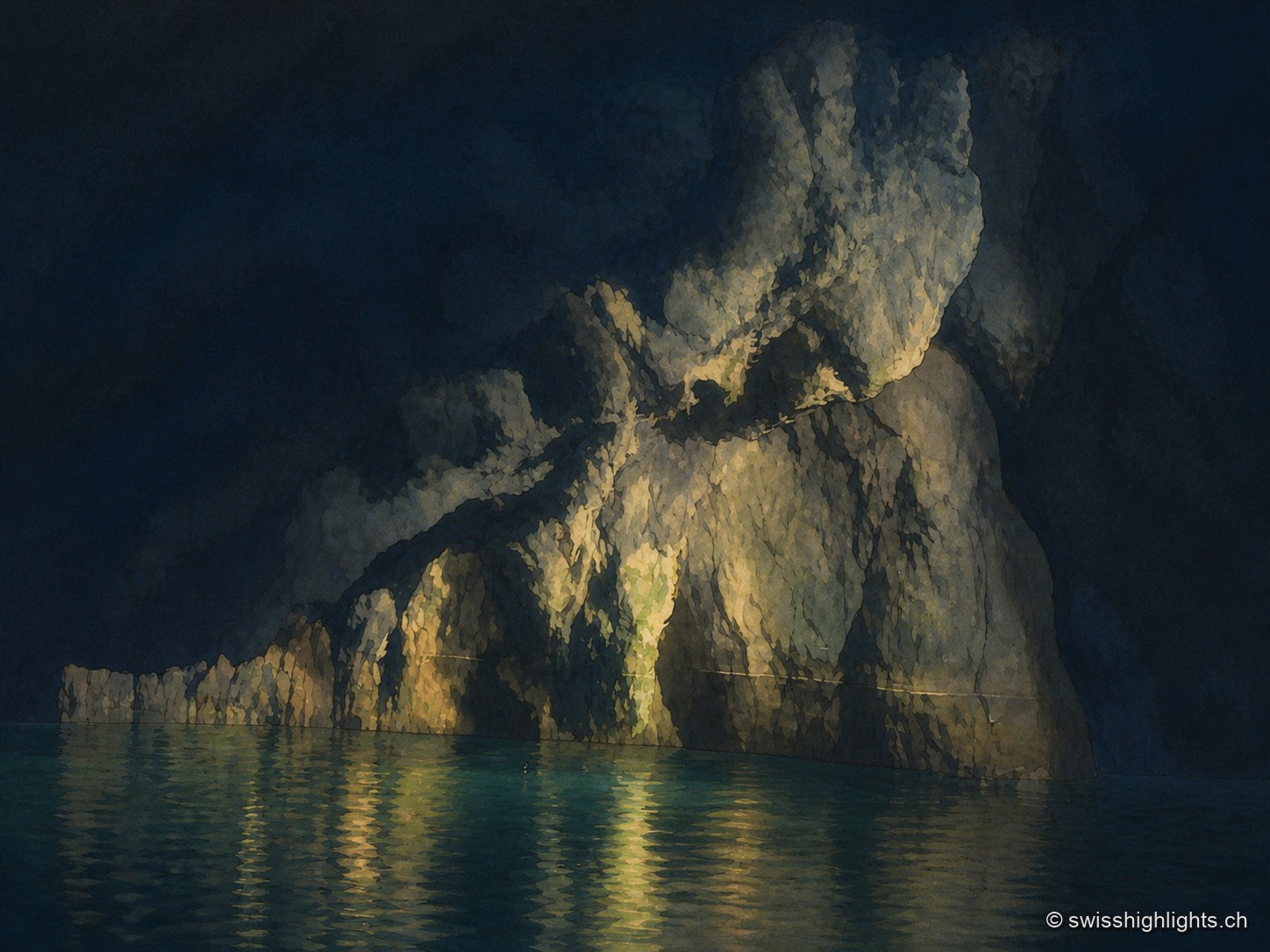 Vue prise au ras de l'eau dans la grotte. Une masse de calcaire occupe la moitié droite du cadre et plonge dans le lac ; sa surface plissée, veinée de coulées claires, est prise dans un éclairage rasant venu d'en bas, tandis que le haut de la voûte se perd dans le noir. À gauche, la paroi s'abaisse en une longue arête sombre au-dessus d'une frange d'eau turquoise pâle. En bas, l'eau immobile reprend la roche éclairée en reflets verticaux brouillés.