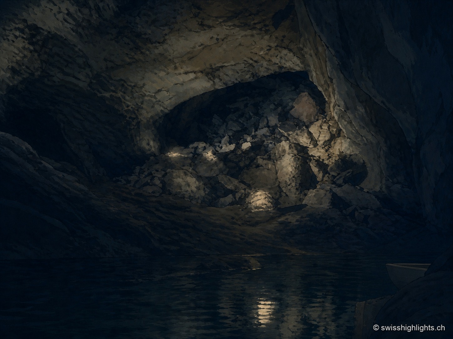 Vue plongeante dans une cavité presque entièrement sombre : quelques taches claires près du centre sont des reflets sur la roche solide, pas des ouvertures vers l'extérieur, et un bord de barque sombre affleure à l'extrême droite du cadre, au-dessus de l'eau noire et immobile.