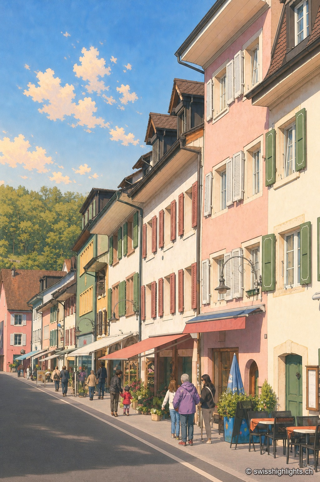 Rue pavée d'asphalte du bourg de Laufon en perspective verticale, bordée de façades aux teintes pastel — rose, vert amande, ocre — avec volets et enseignes ; quelques passants et les tables d'un café animent le trottoir sous un ciel bleu à nuages épars.