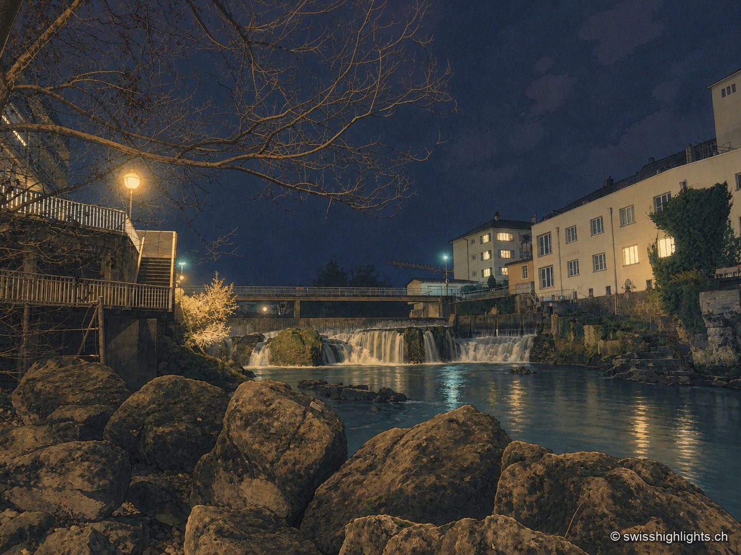 Vue nocturne d'un petit seuil sur la Birse à Laufon : l'eau blanche dévale entre des blocs de pierre sombres au premier plan, sous un pont de bois éclairé, tandis que les fenêtres allumées des maisons riveraines se reflètent dans le courant sous un ciel nocturne étoilé.