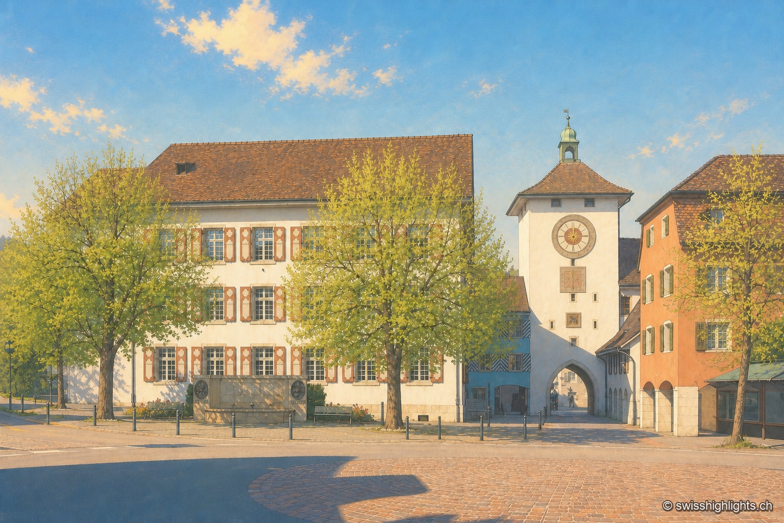 Place de Laufon au printemps : un bâtiment clair à colombages et une porte-tour à horloge et cadran solaire ferment la perspective entre deux rangées de maisons, sous de grands arbres en feuilles nouvelles et un ciel bleu dégagé.