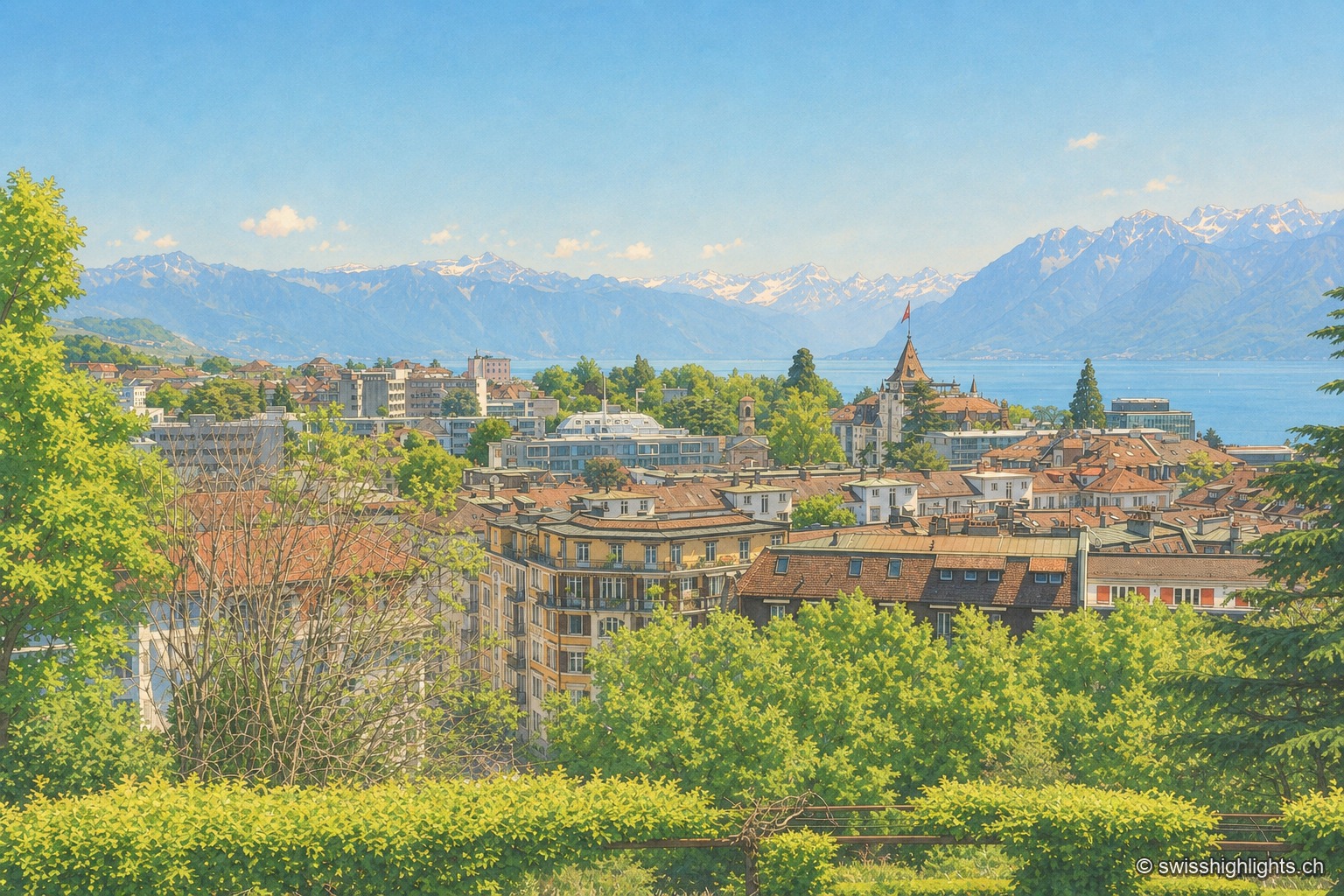 Vue surplombante de Lausanne depuis le crêt de Montriond : les toits de tuiles de la ville s'étagent en pente vers le Léman, dont la rive scintille au loin devant la chaîne des Alpes, sous un ciel dégagé.
