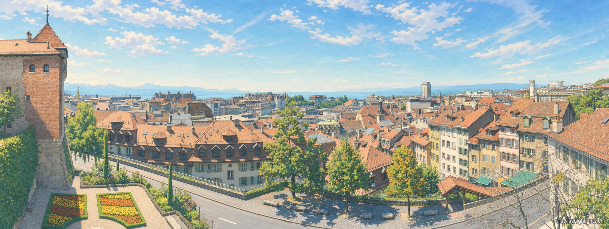 Panorama de Lausanne depuis l'esplanade de la cathédrale : au premier plan des jardins en terrasses et une tour de la cathédrale, puis les toits de la vieille ville qui descendent vers le Léman et les sommets alpins à l'horizon.