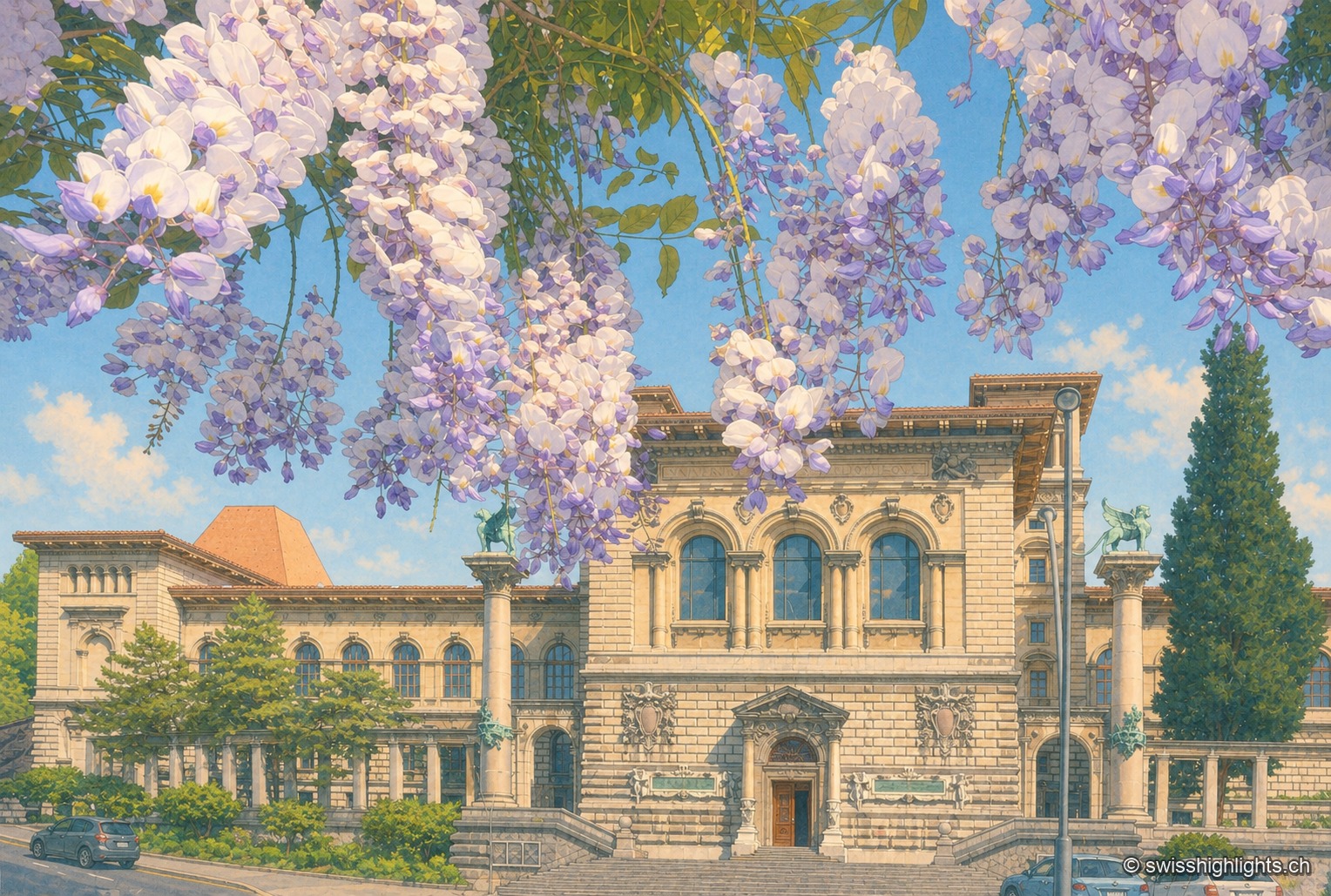 La façade du palais de Rumine, place de la Riponne à Lausanne, vue au printemps à travers des grappes de glycine mauve et blanche qui pendent au premier plan : pierre claire, trois grandes baies en plein cintre sous l'inscription « Université — Bibliothèque », un escalier monumental et deux colonnes surmontées de lions ailés de bronze ; un grand if sombre à droite, quelques passants minuscules au bas des marches.