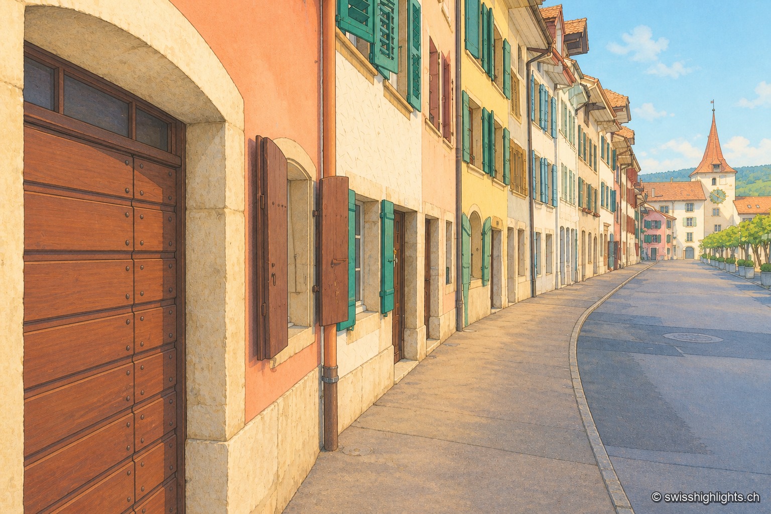 Rue à arcades du bourg du Landeron : une façade orangée à porte de garage et volets verts borde le passage couvert au premier plan, qui se prolonge vers une tour ancienne fermant la perspective, sous un ciel bleu dégagé.
