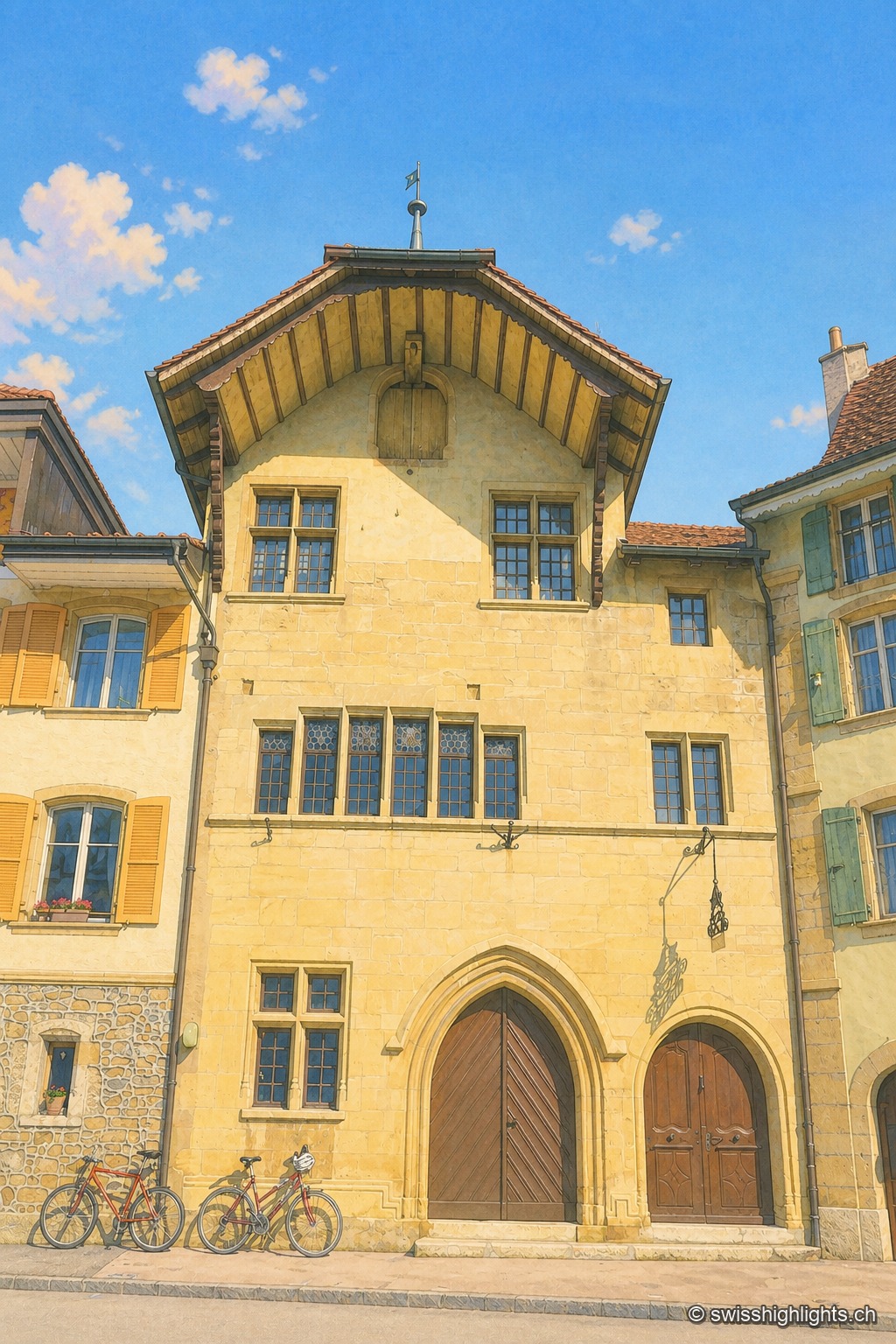 Façade de l'Hôtel de Ville du Landeron en cadrage vertical : bâtiment de pierre claire à toit à forte pente, rangées de fenêtres à volets et portes cintrées au rez-de-chaussée, avec des vélos appuyés contre le mur, sous un ciel bleu dégagé.