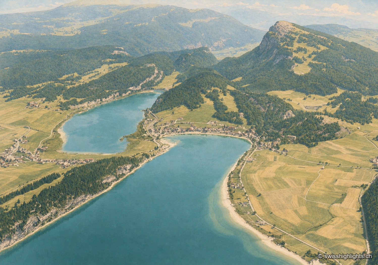 Vue aérienne historique colorisée du hameau du Pont et du lac de Joux, dominés par la crête boisée de la Dent de Vaulion : le village aux toits sombres borde la rive incurvée du lac, entouré de prairies et de forêts en dégradés de vert, sous un ciel clair.