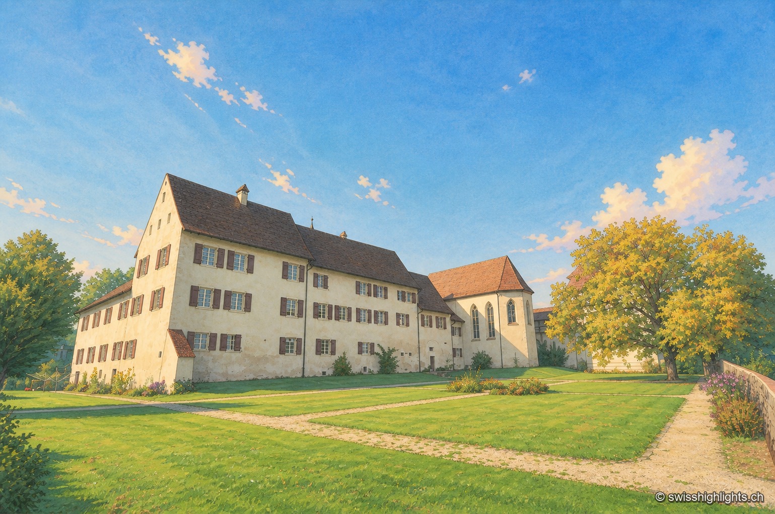 Vue en légère plongée sur le domaine fortifié du Löwenburg : un long bâtiment blanchi à toiture de tuiles brunes, percé de rangées de fenêtres à volets, s'étend vers une chapelle à contreforts et une tourelle d'angle ; une pelouse traversée d'un chemin de gravier mène le regard vers l'ensemble, sous un ciel bleu dégagé, avec quelques arbres à droite du cadre.