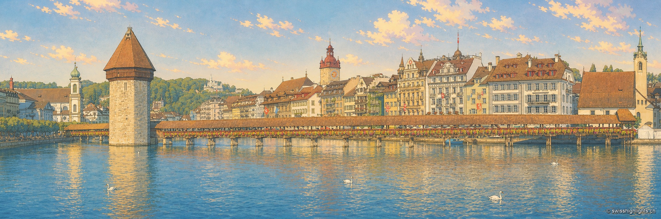 Panorama de la Reuss à Lucerne : le pont de la Chapelle et sa tour d'eau octogonale s'étirent tout en longueur devant les façades colorées de la vieille ville, sous un ciel du soir doré ; deux cygnes glissent sur l'eau calme au premier plan.