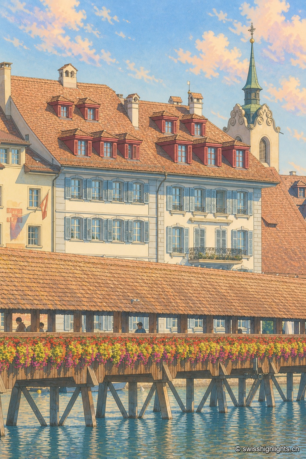 Cadrage vertical serré sur le pont de la Chapelle à Lucerne : sa charpente de bois couverte, bordée de jardinières fleuries, s'étire au premier plan devant les façades de la vieille ville et un clocher pointu, sous un ciel du soir.