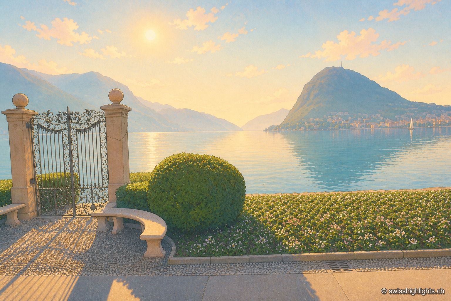Portail en fer forgé ouvert sur la rive du lac de Lugano à contre-jour, le soleil bas éclatant entre les deux piliers de pierre ; au loin, la silhouette bleutée du Monte San Salvatore domine la ville et l'eau calme du lac qui reflète la lumière.
