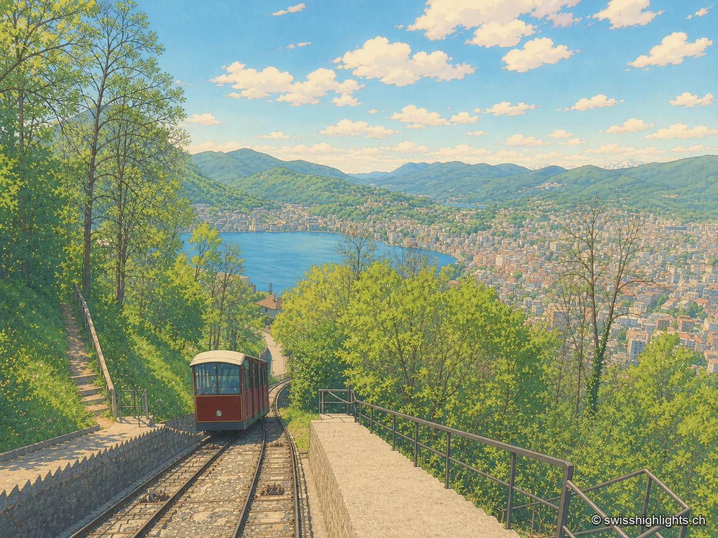 Le funiculaire du Monte Brè descend entre les frondaisons, sa voiture rouge et blanche sur la voie ferrée ; en contrebas, le lac de Lugano et la ville s'étendent au pied des montagnes boisées, sous un ciel bleu semé de nuages.