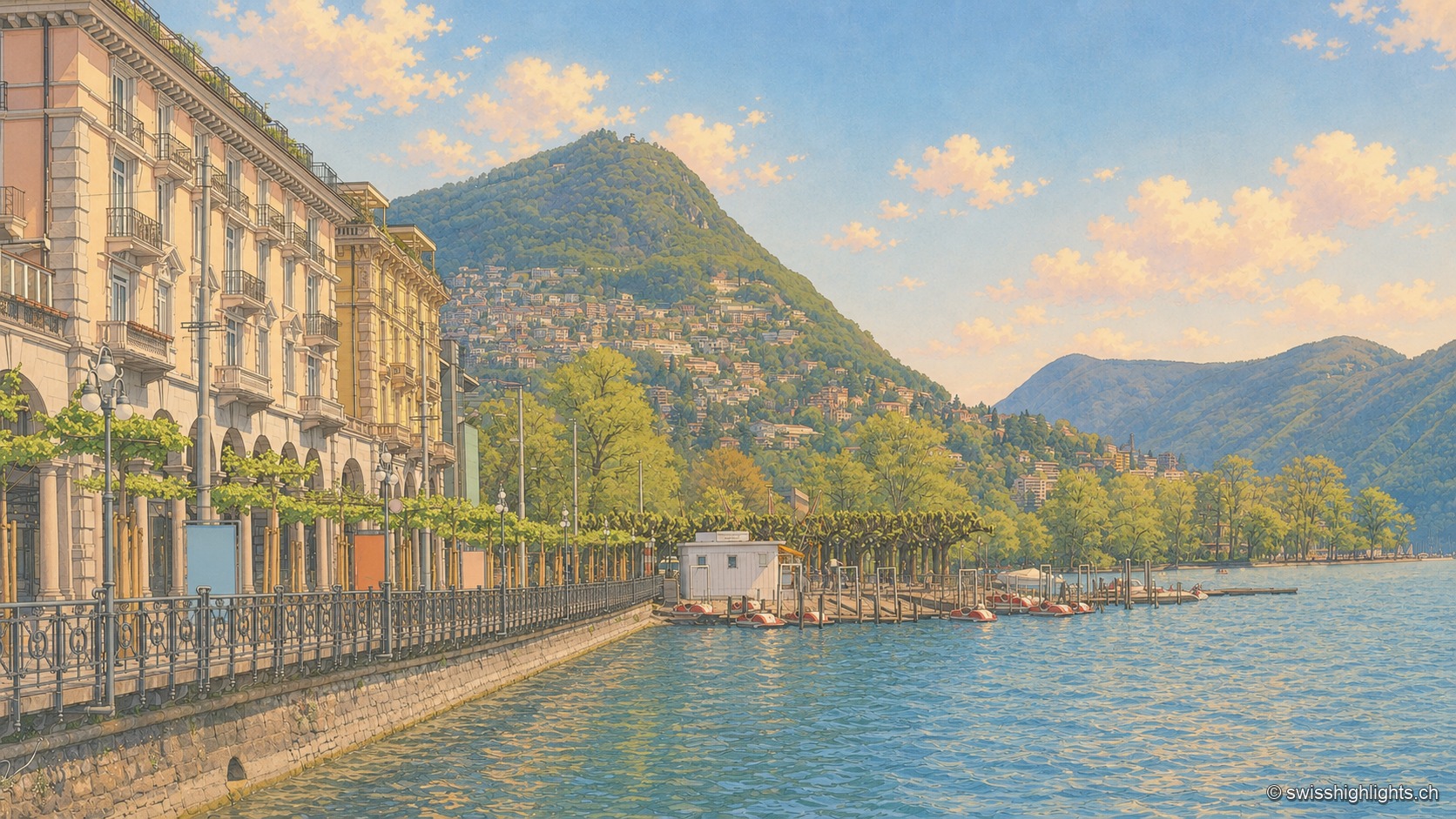 Le quai bordé d'arbres à Lugano : une rangée de façades élégantes aux balcons de fer forgé longe la promenade pavée, avec des pédalos amarrés à un ponton ; le lac s'étend vers des collines boisées sous un ciel du soir.