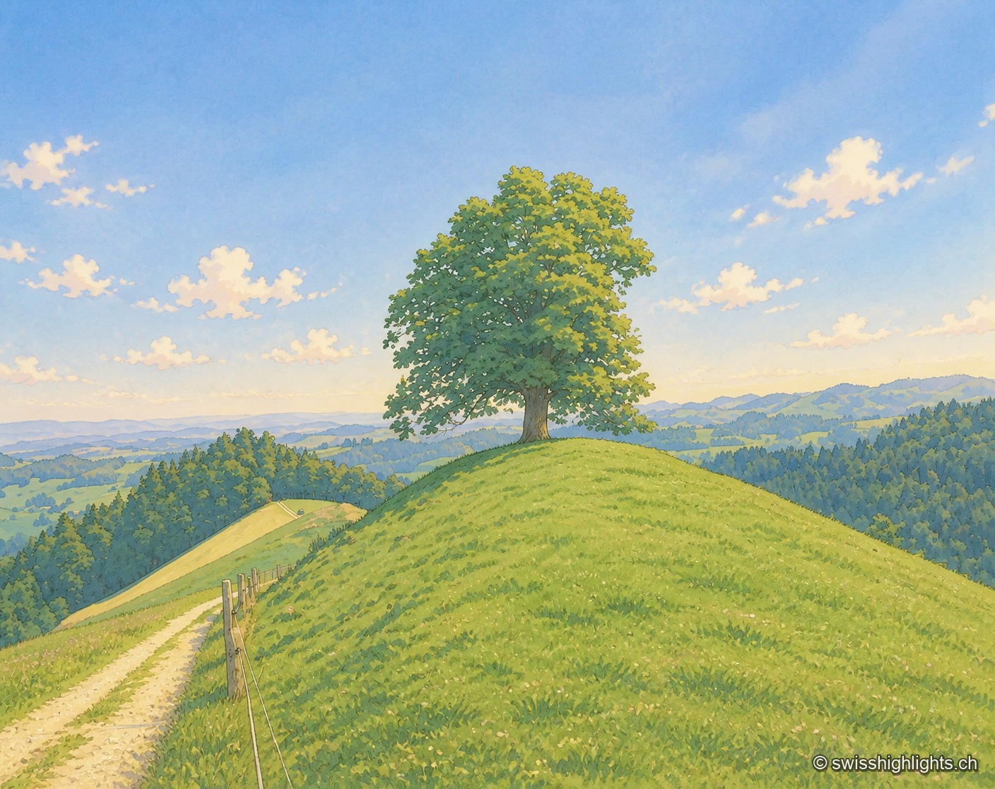 Sur la crête du Balmegg, au-dessus de Luthern : un tilleul isolé, large et bas de branches, occupe le sommet d'une croupe d'herbe rase que suit un chemin de gravier bordé d'une clôture de bois. Au-delà, les collines du Napf se succèdent en vagues vertes, alternant prés et forêts sombres, jusqu'à une brume claire à l'horizon, sous un ciel bleu semé de petits cumulus.