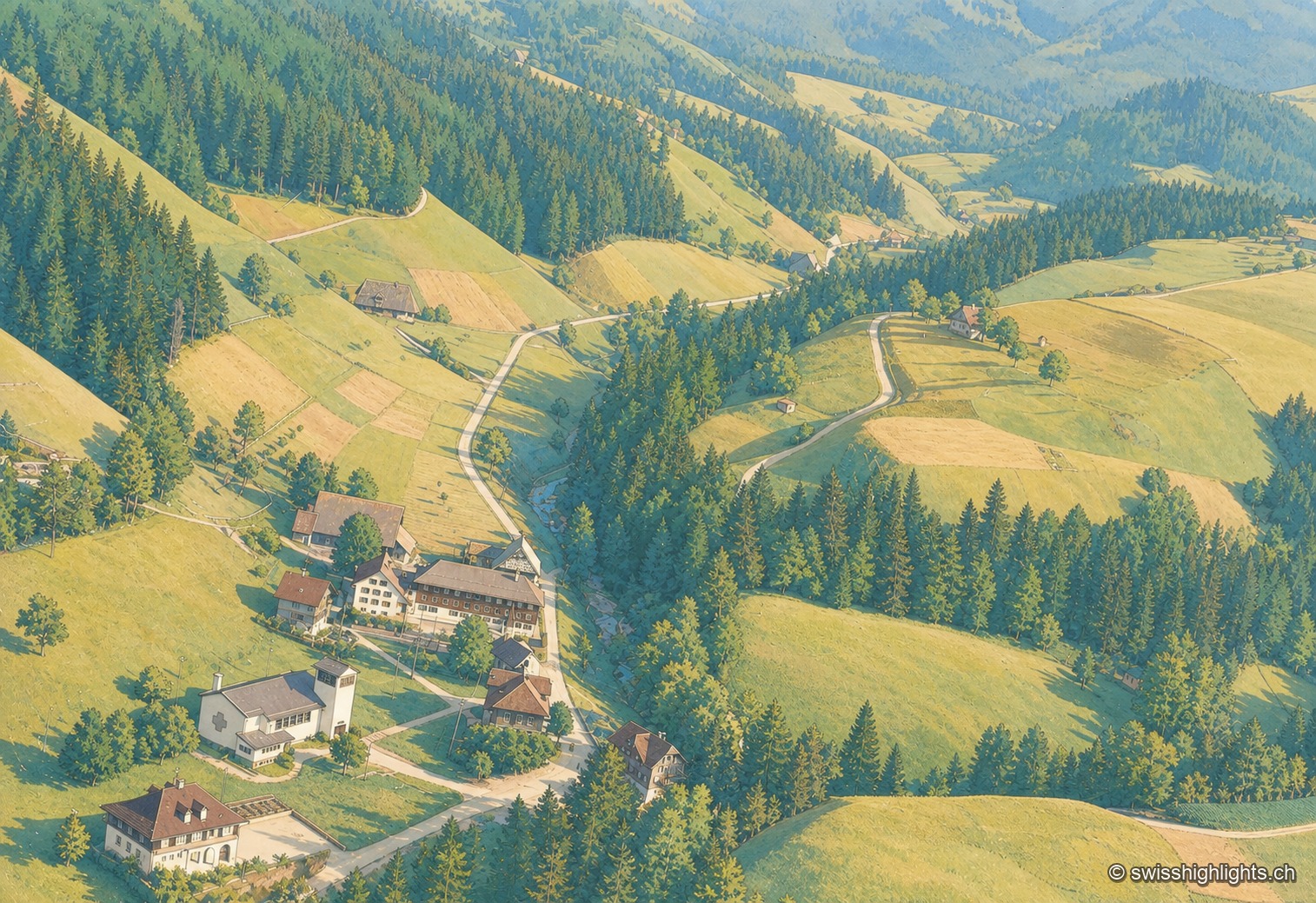 Vue aérienne historique colorisée d'un hameau isolé de Luthern, niché au creux d'une vallée boisée : quelques fermes bordent une route sinueuse, entre des prés en pente et des sapinières sombres qui couvrent les versants environnants.