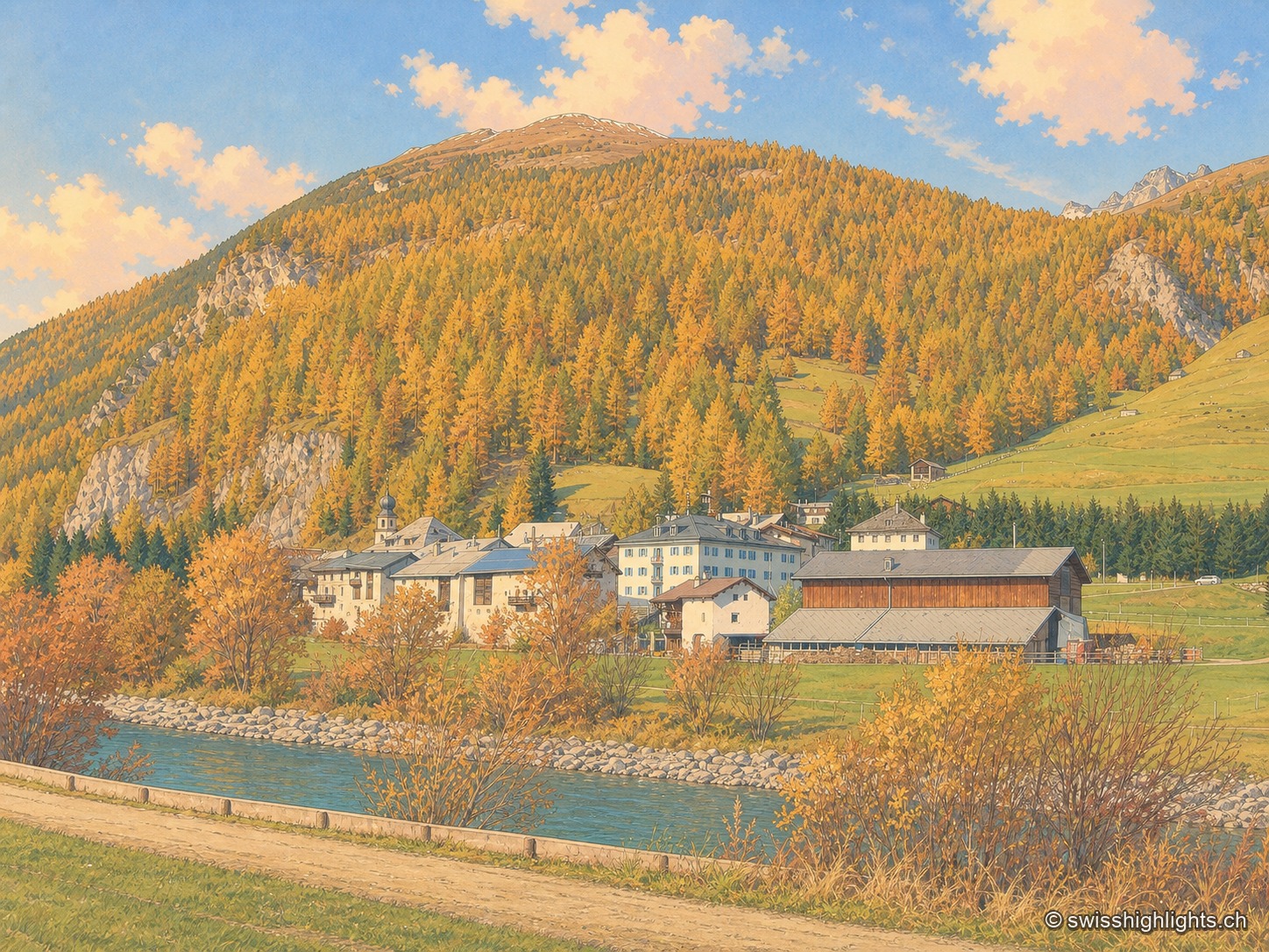 Le village de Madulain en habits d'automne : ses maisons engadinoises aux façades claires bordent l'Inn, devant un versant couvert de mélèzes dorés et de sapins sombres, sous un ciel bleu.