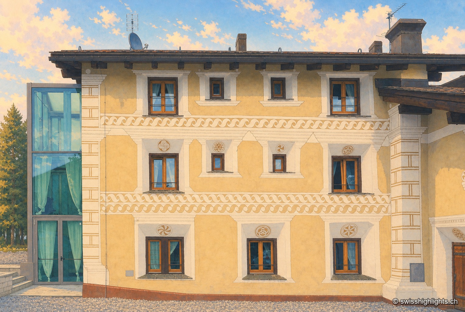 Une facade engadinoise couleur sable ornee de sgraffites blancs : frise ondulee, rosaces et croix gravees encadrant neuf fenetres a embrasures profondes, avec un pan vitre moderne greffe sur la gauche du batiment.