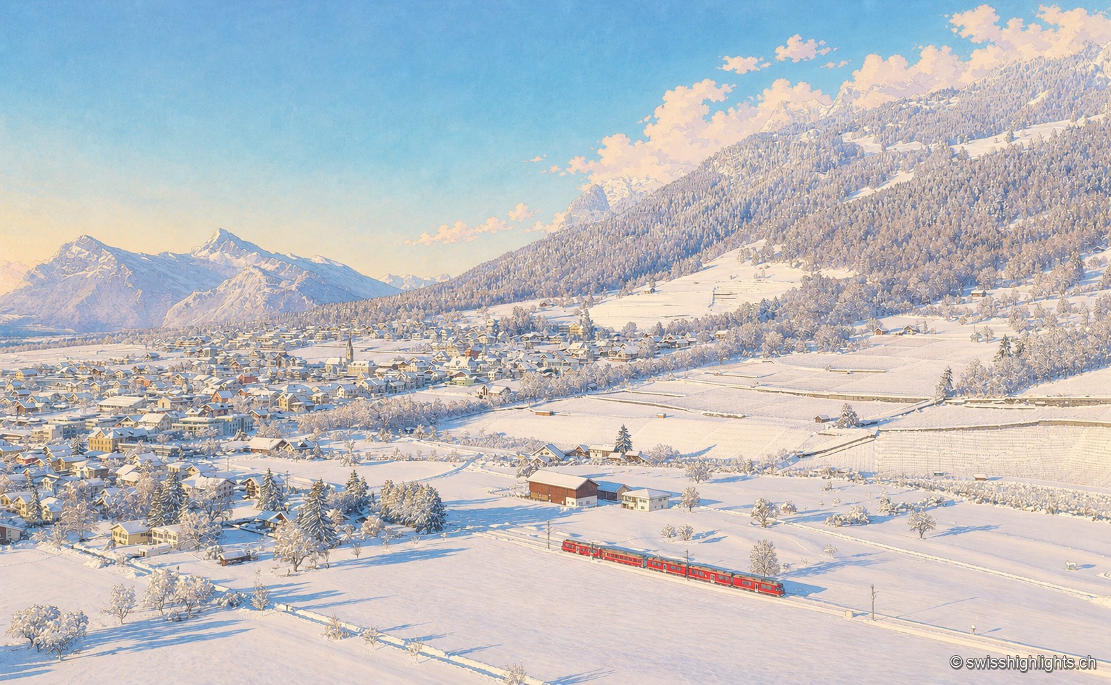 Vue aérienne hivernale de la vallée du Rhin à Malans : un train rouge des Chemins de fer rhétiques traverse des prés enneigés au pied du village, entre fermes isolées et vergers, dominé par de hauts sommets alpins sous un ciel clair.
