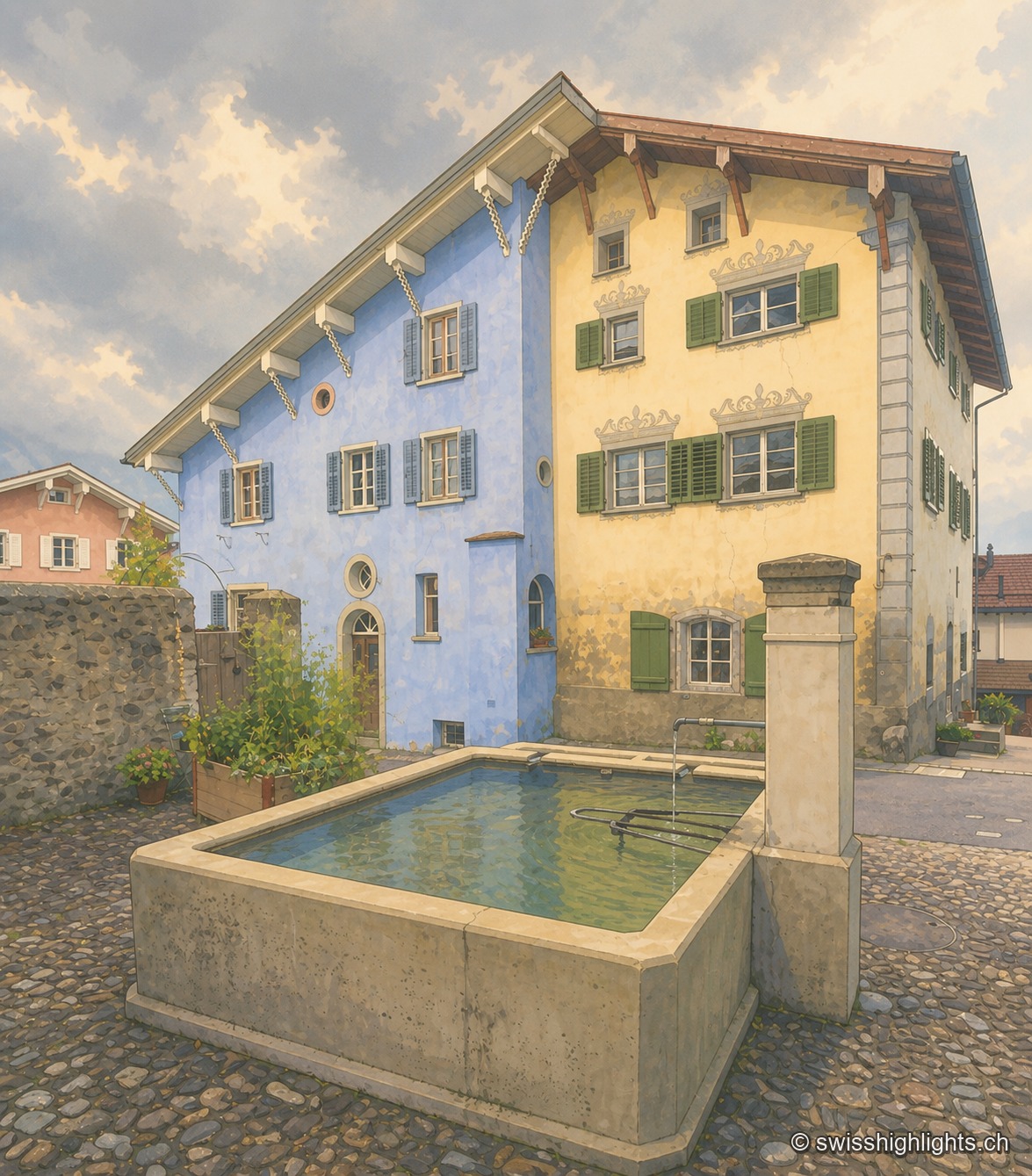 Deux maisons bourgeoises grisonnes à l'angle d'une ruelle pavée, sous un ciel nuageux : à gauche une façade bleu lavande à volets gris et fenêtres à cadre pierre, à droite une façade jaune ocre à décor de sgraffites autour des fenêtres à volets verts ; au premier plan, une fontaine de pierre carrée avec jet d'eau.